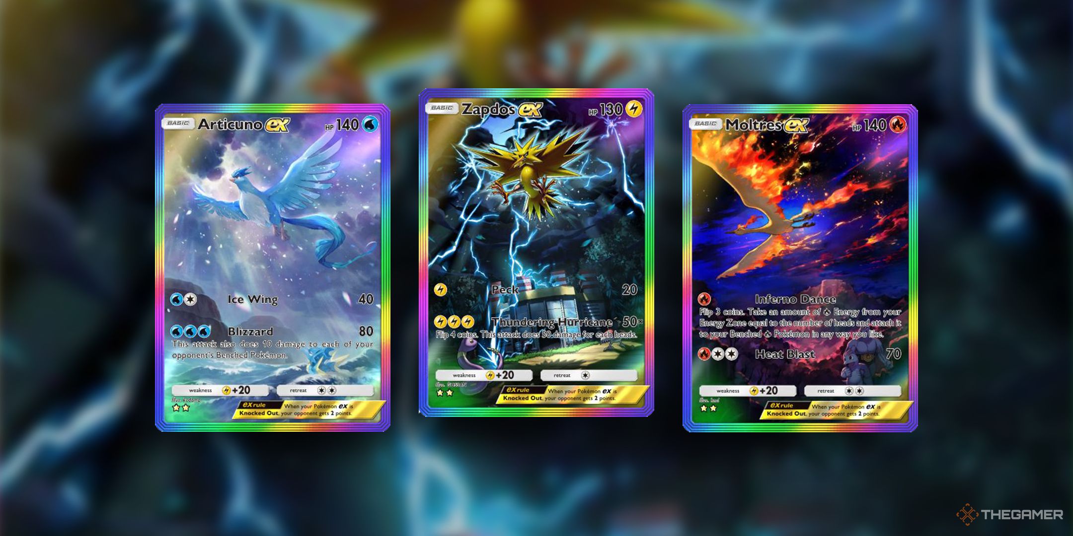 Articuno ex, Zapdos ex, and Moltres ex cards together.