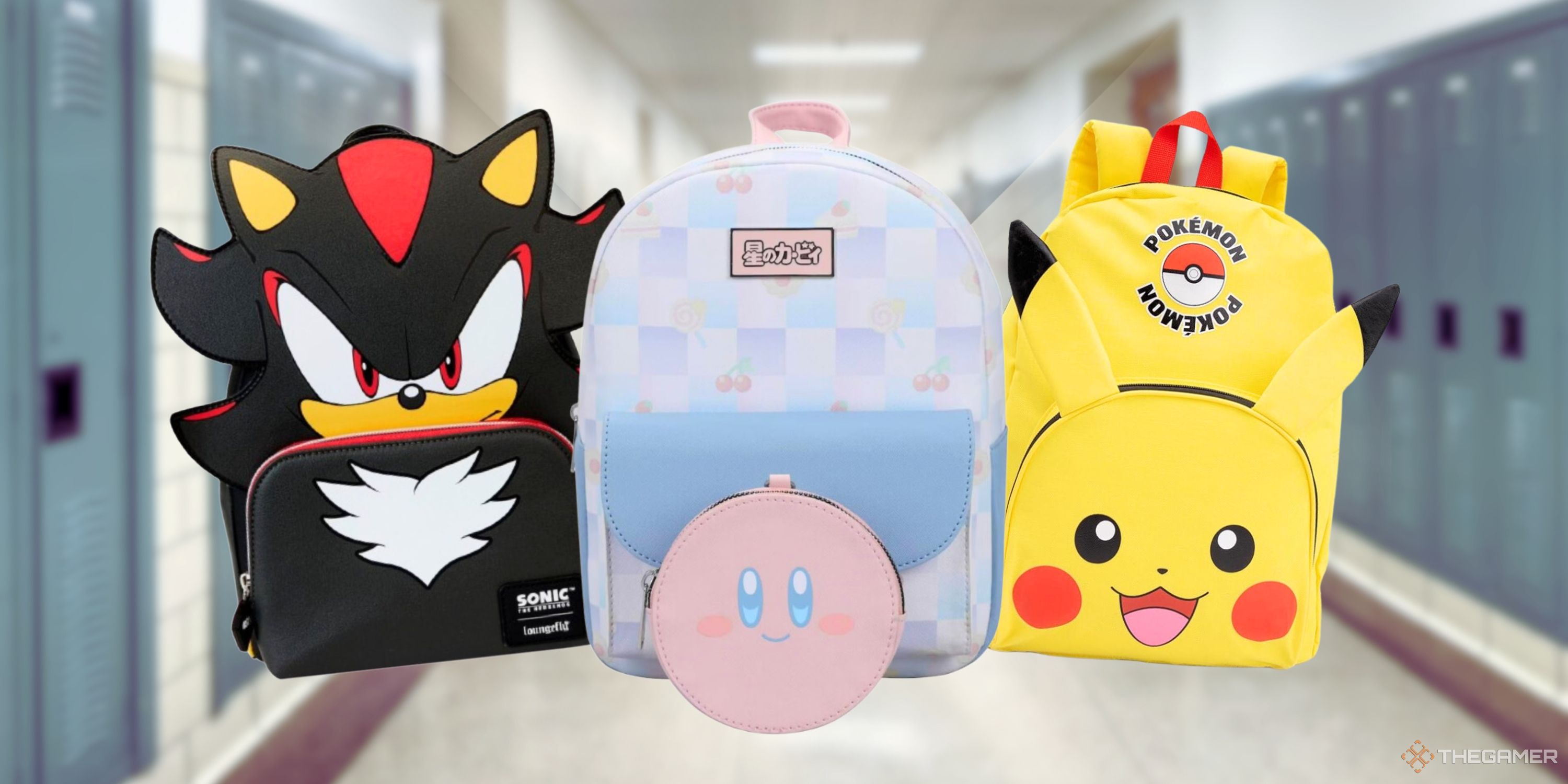 Three themed backpacks - shadow the hedgehog, Kirby, Pikachu