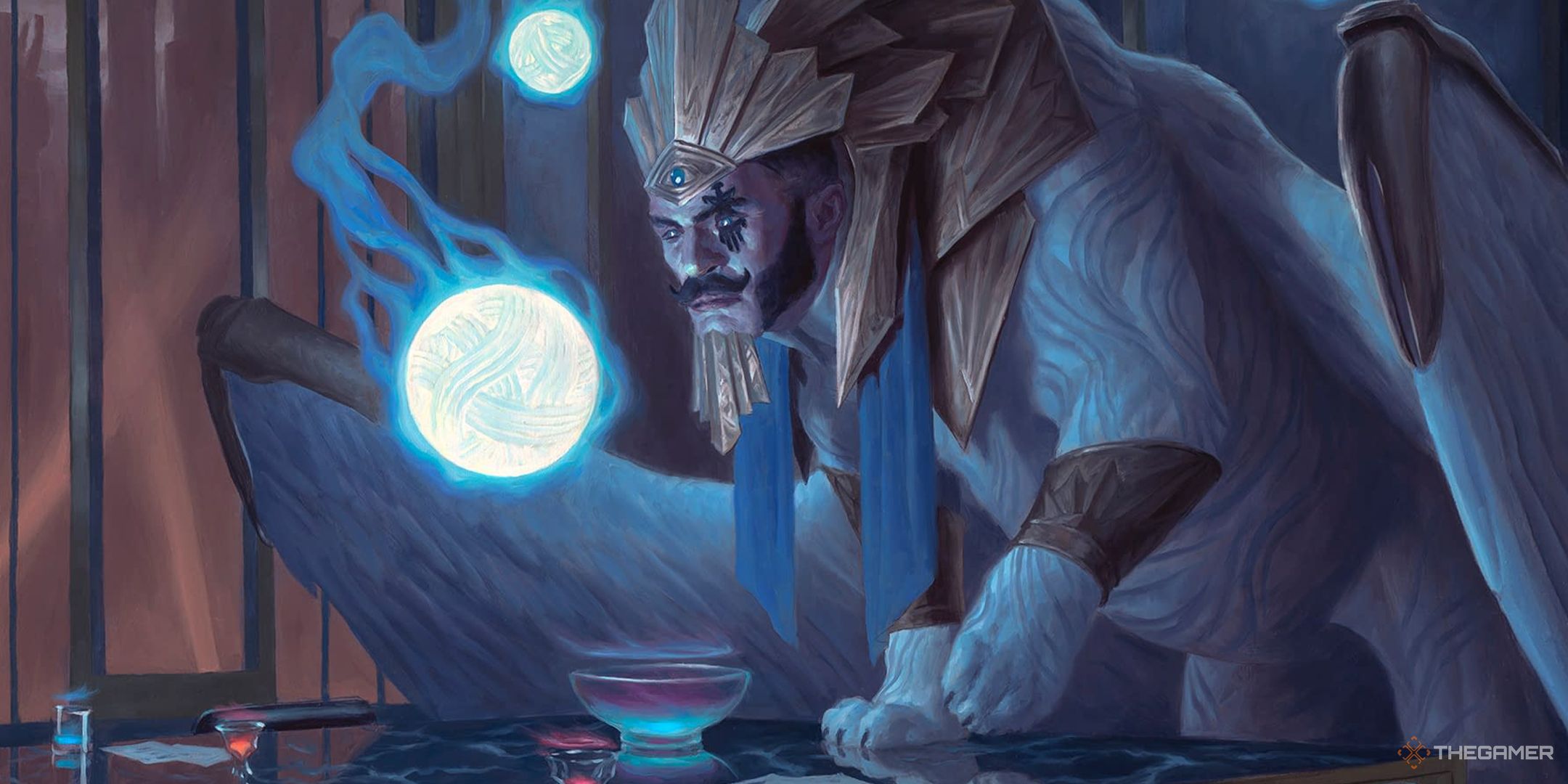 Tivit, Seller Of Secrets by Chris Rahn, showing a large sphinx stood looking at glowing orbs.