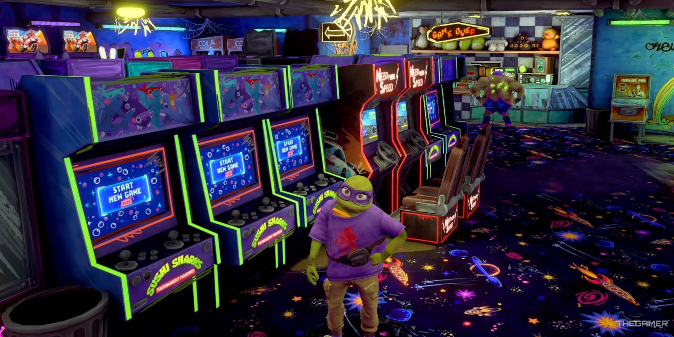 Donatello next to a Sushi Shark cabinet in TMNT: Mutants Unleashed.