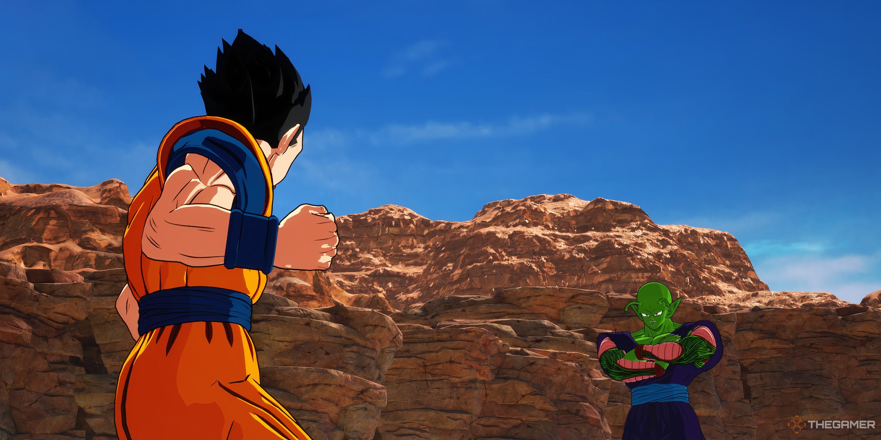 Piccolo silently assesses Gohan as the two begin a Battle Training session at the Rocky Lands in Dragon Ball: Sparking Zero.