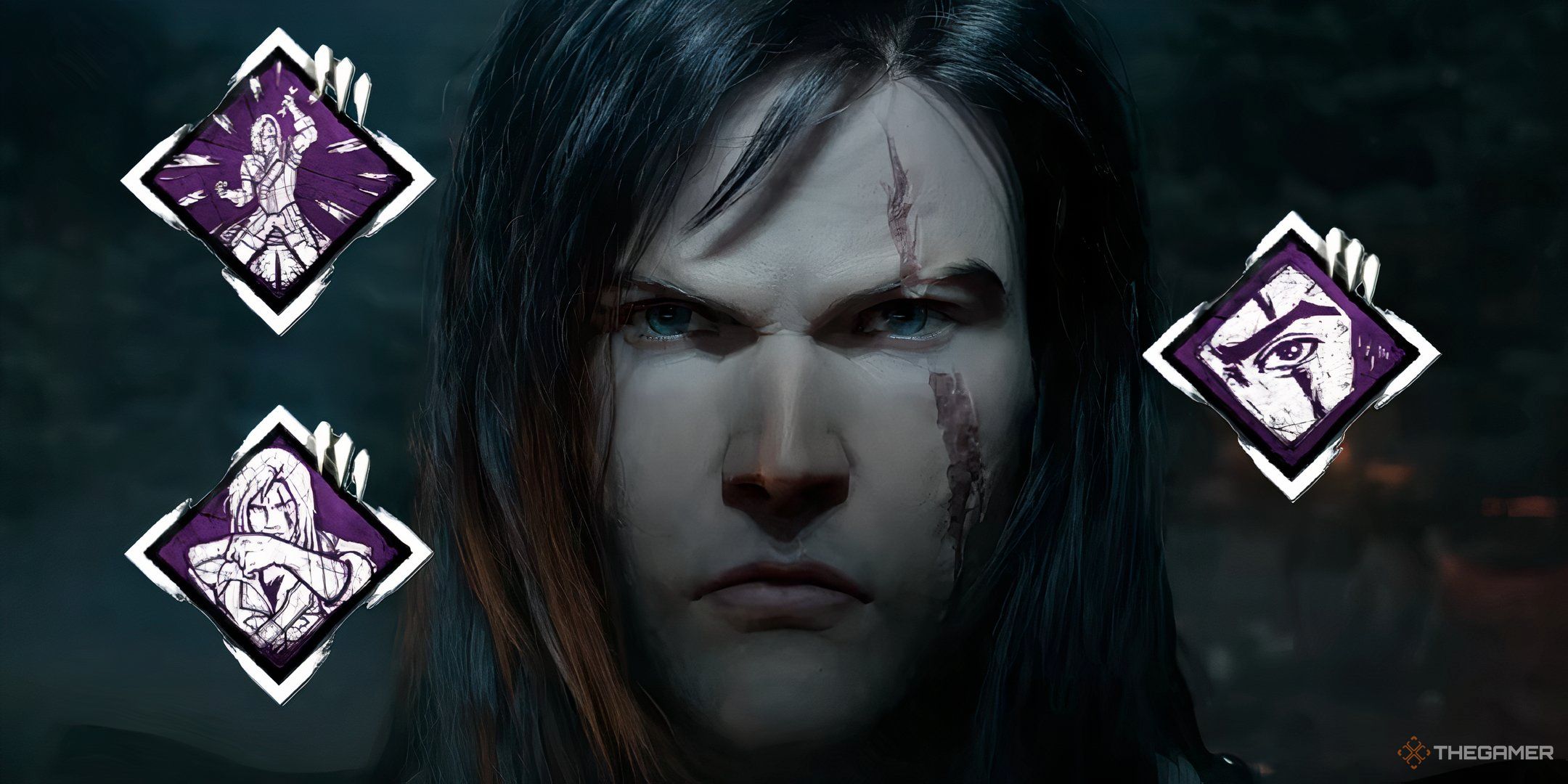 Trevor Belmont's Face surrounded by his Perks from Dead by Daylight.