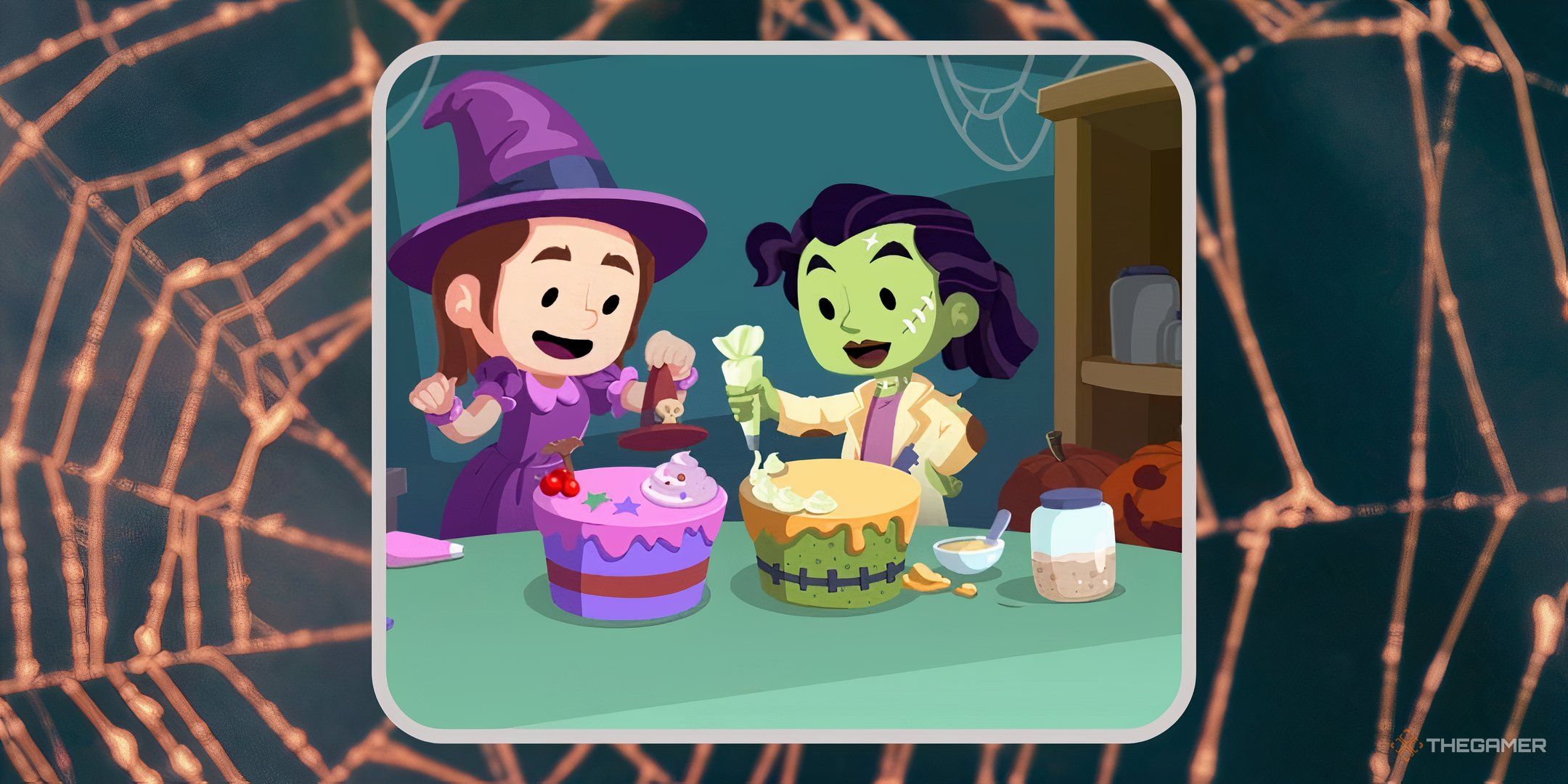 Two characters from Monopoly Go decorating cakes in Halloween costumes in a scary basement, in front of a spiderweb background, for Fright Frosters in Monopoly Go.