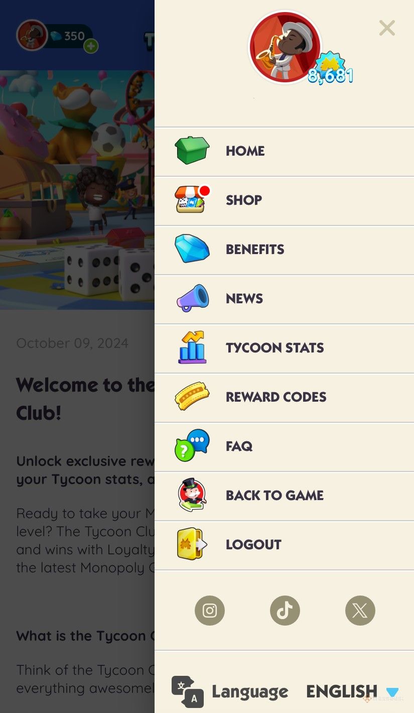 Tycoon Club menu in Monopoly Go.