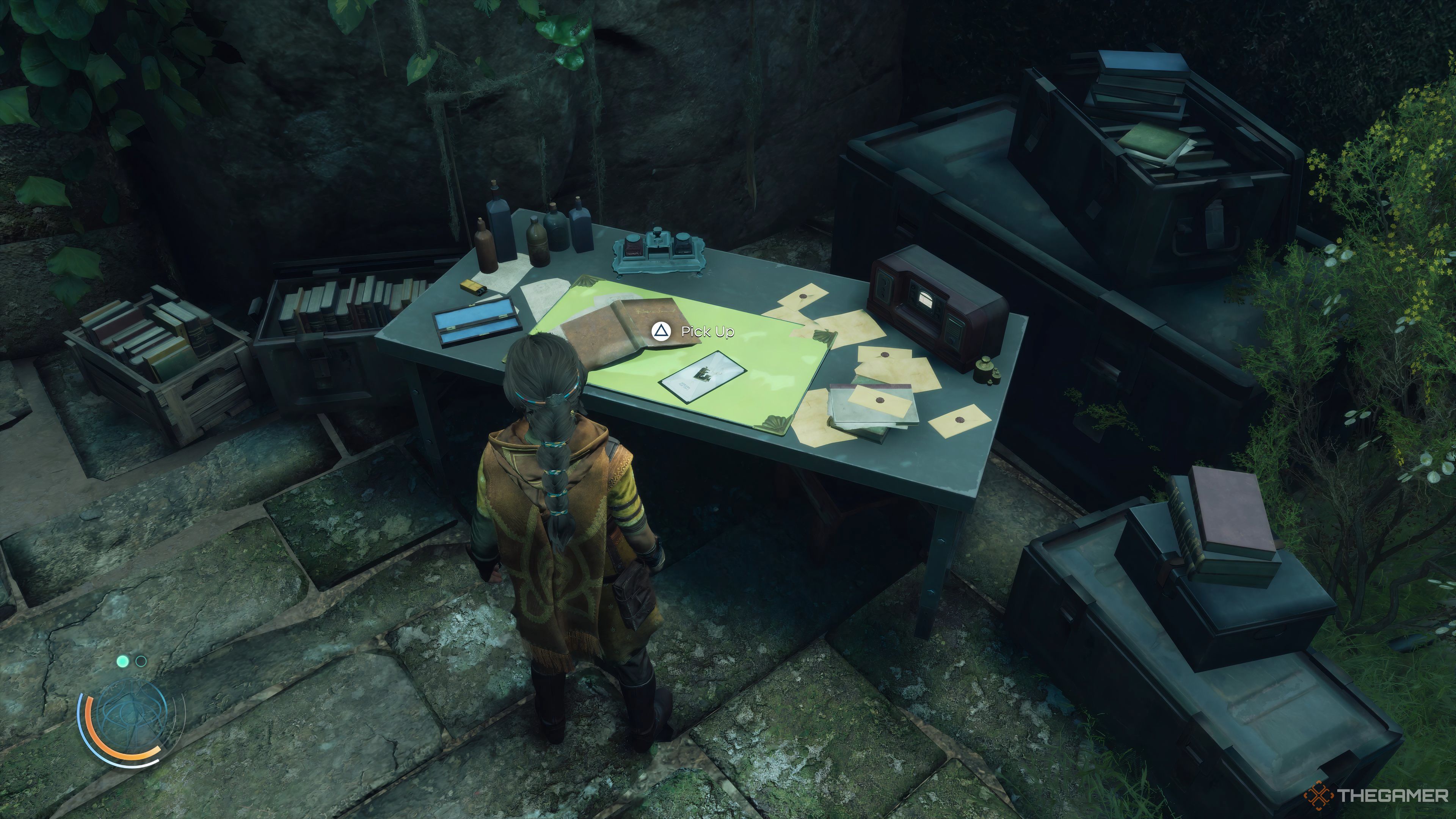 Haroona standing by an Ascension Card on a table with an open book in Unknown 9: Awakening.