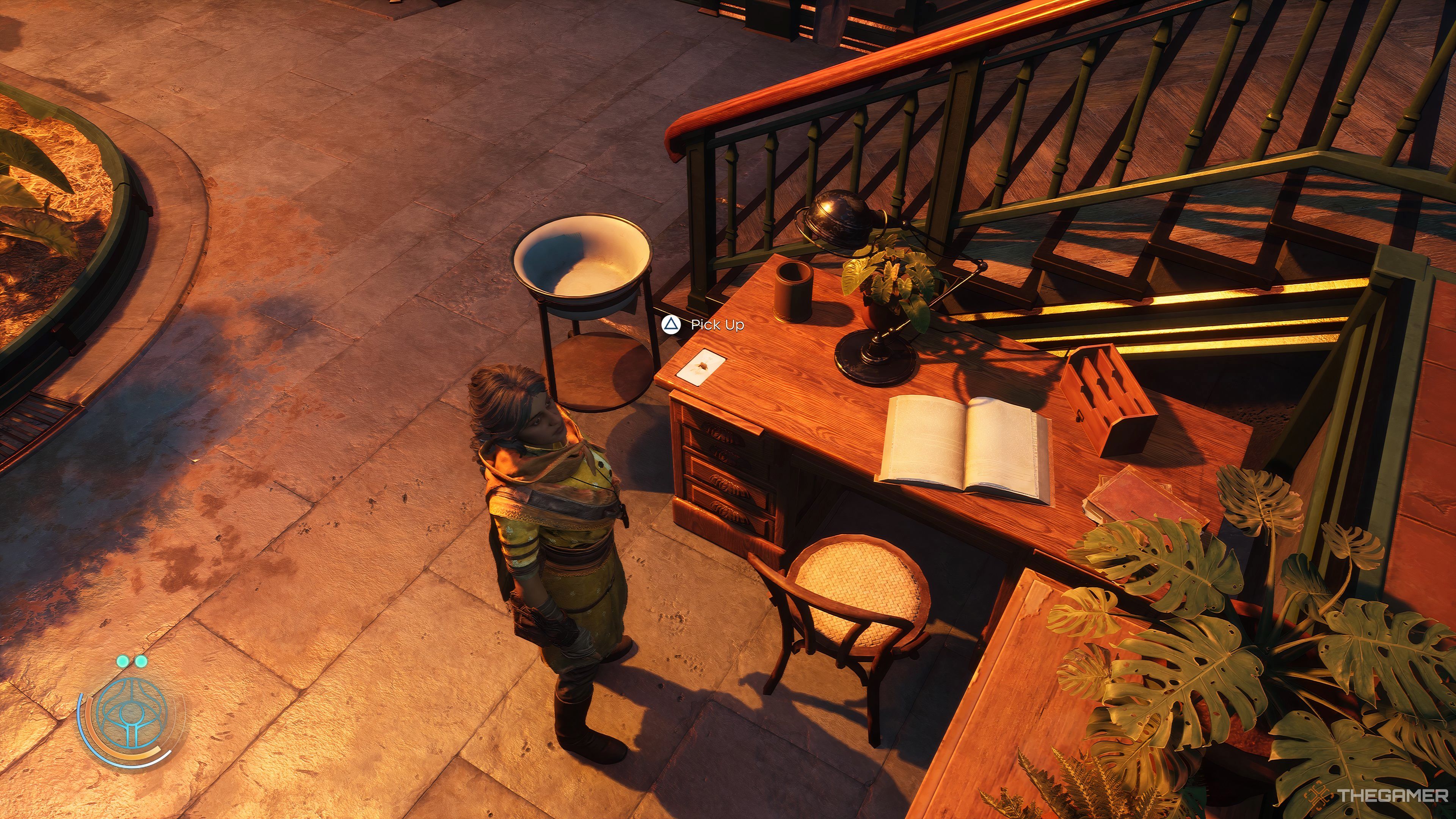 Haroona standing by an Ascension Card on a table in Matos' greenhouse in Unknown 9: Awakening.
