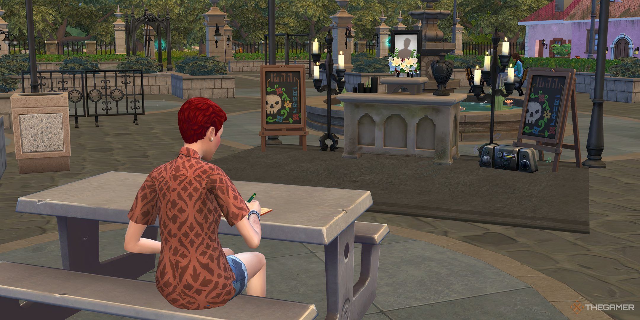 A Sim writing their bucket list near a funeral service set up in Ravenswood in The Sims 4 Life and Death.