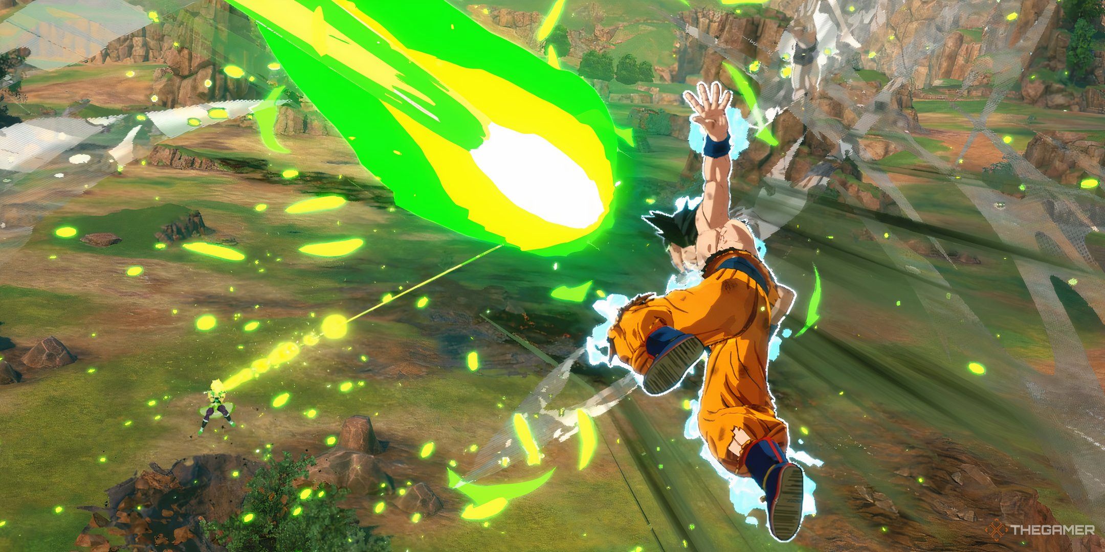 The image shows that Goku is deflecting Broly's Beam Attack in Dragon Ball: Sparking Zero.