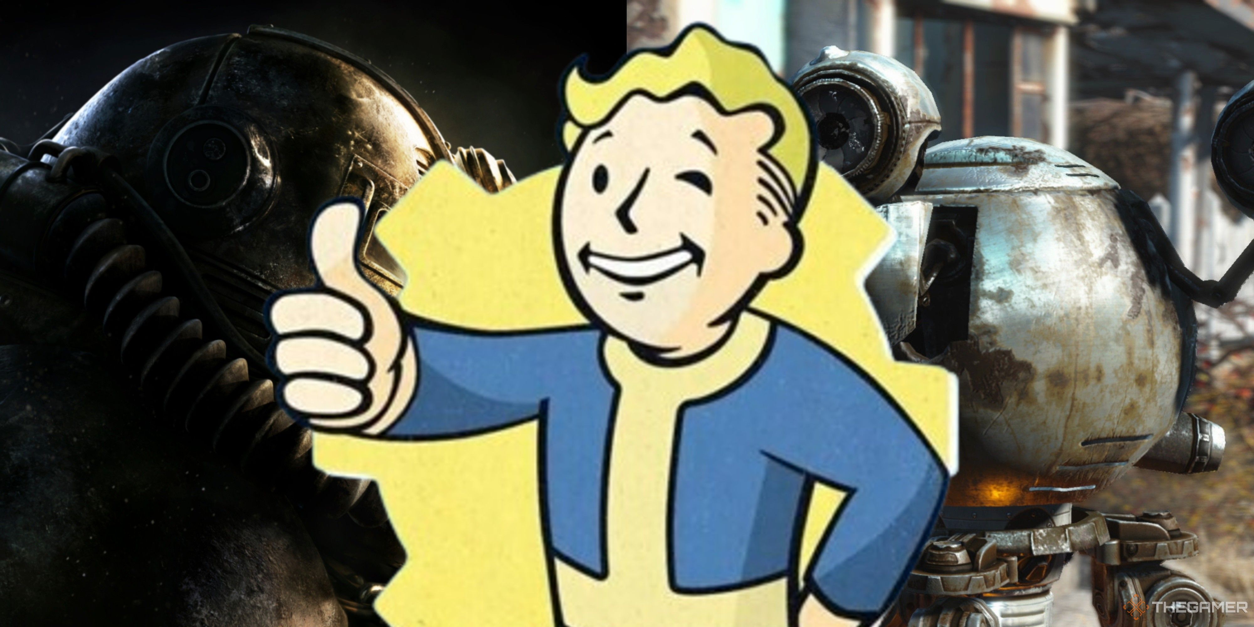 vault boy logo on power armor from fallout 76 and a helper robot from fallout 4.