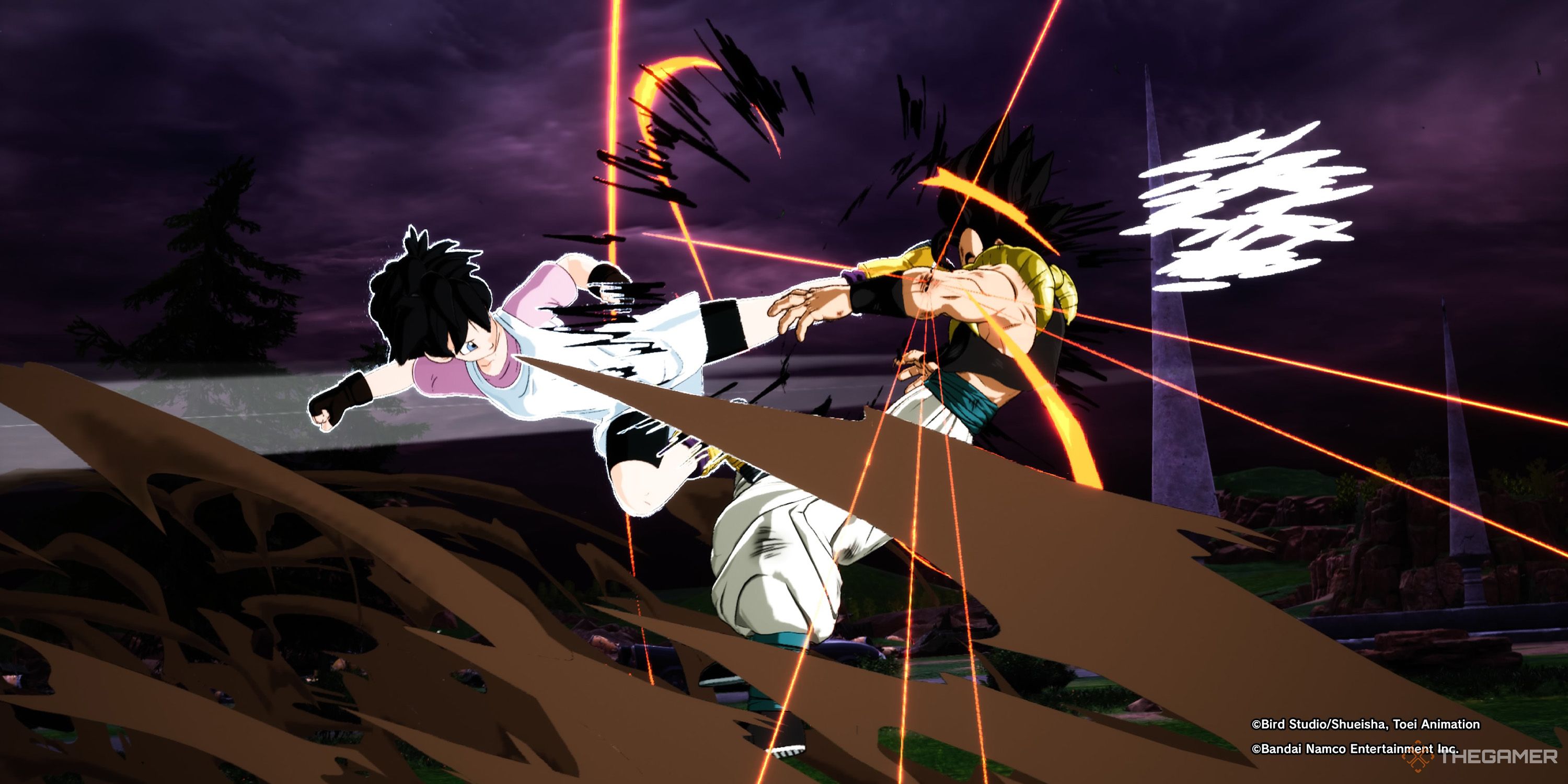 Videl strikes Vegito with a fierce jumping kick during a battle at the Cell Games Arena in Dragon Ball: Sparking Zero.