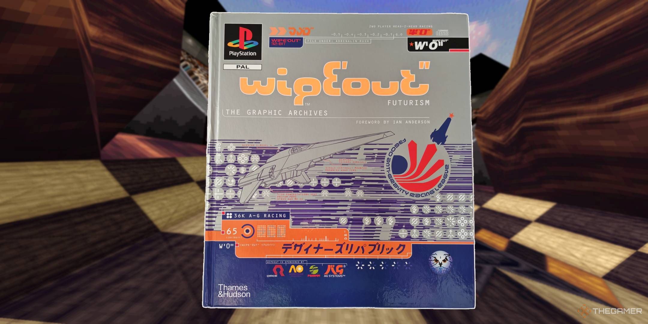 WipEout Futurism book overlaid on top of a screenshot from the game