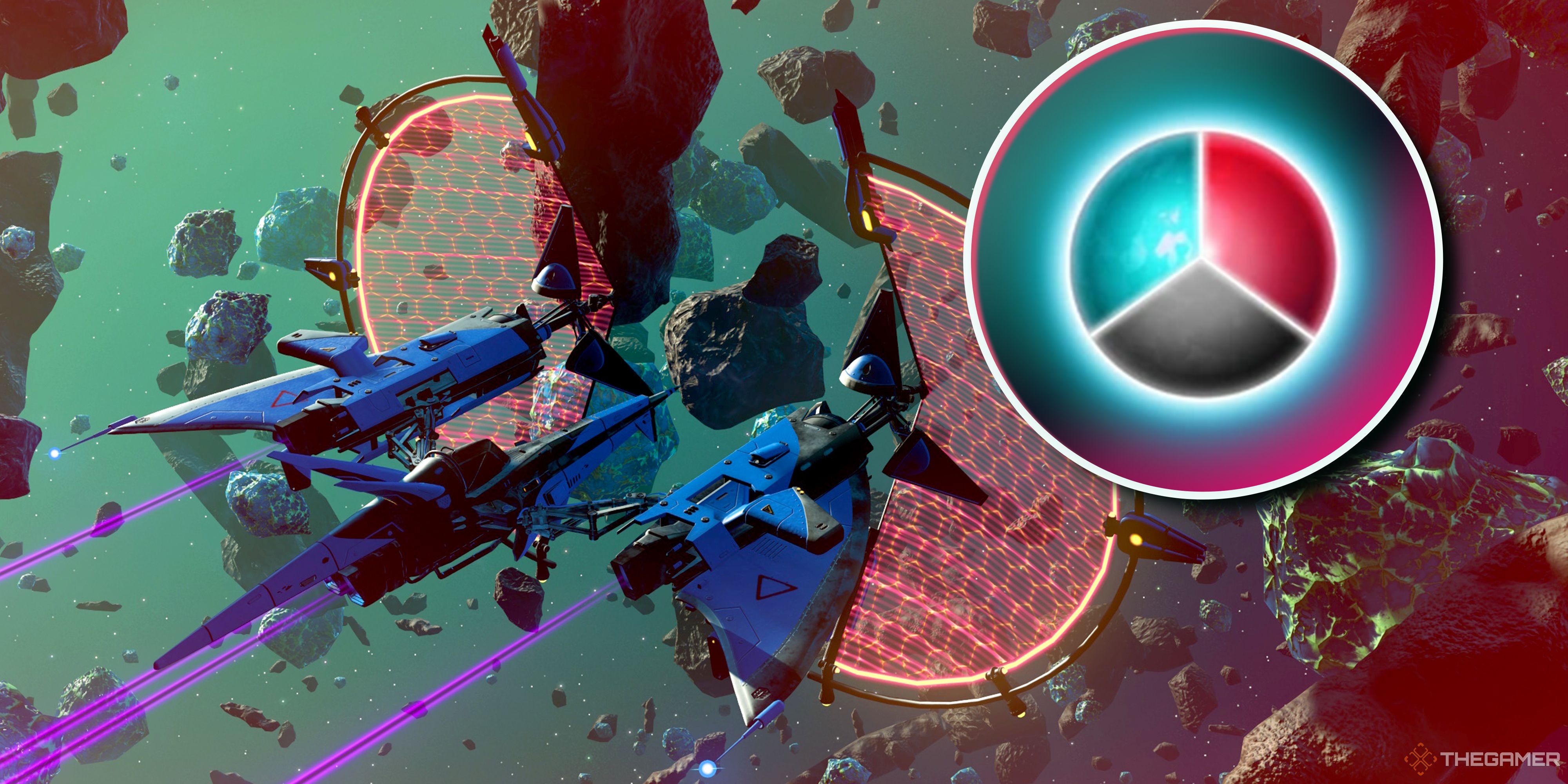 Cover image for No Man's Sky How To Get Tritium with the titular element alongside a ship in an asteroid field.