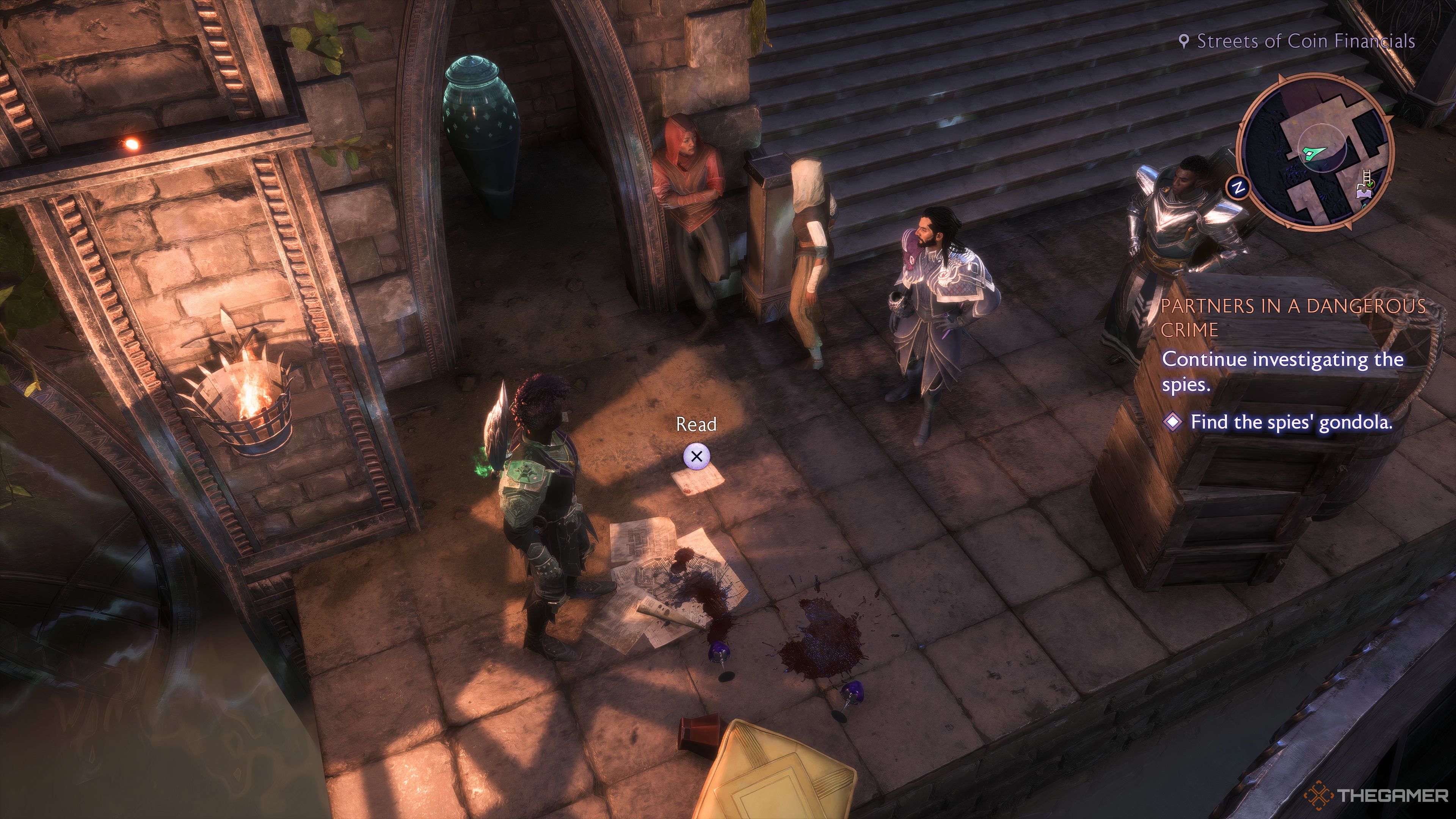 Players Rook, Lucanis and Davrin stand next to a stack of papers with blood on them in Dragon Age: The Veilguard.