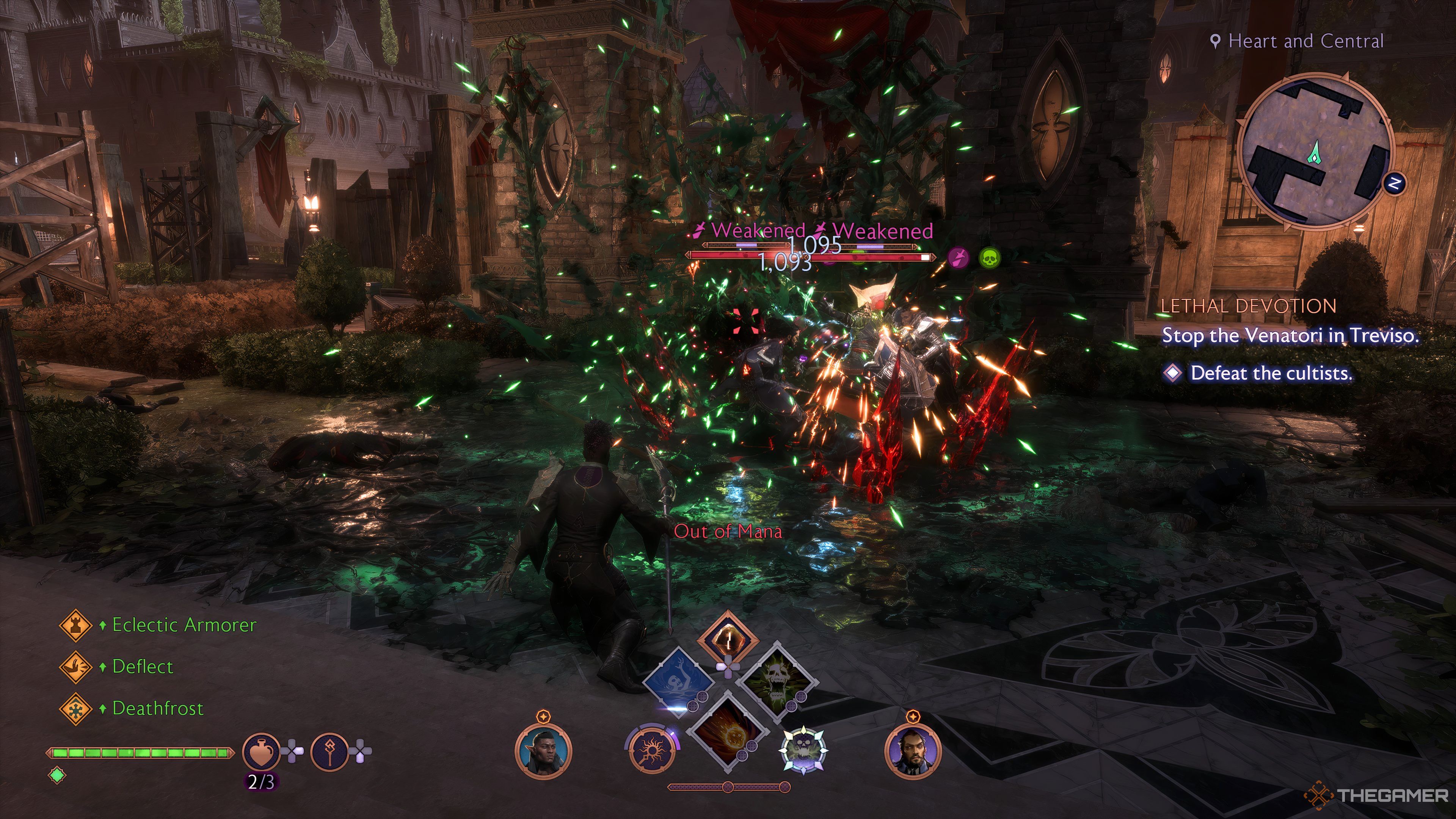 Player Rook casts Corrupted Ground on a group of Venatori mages in Treviso in Dragon Age: The Veilguard.