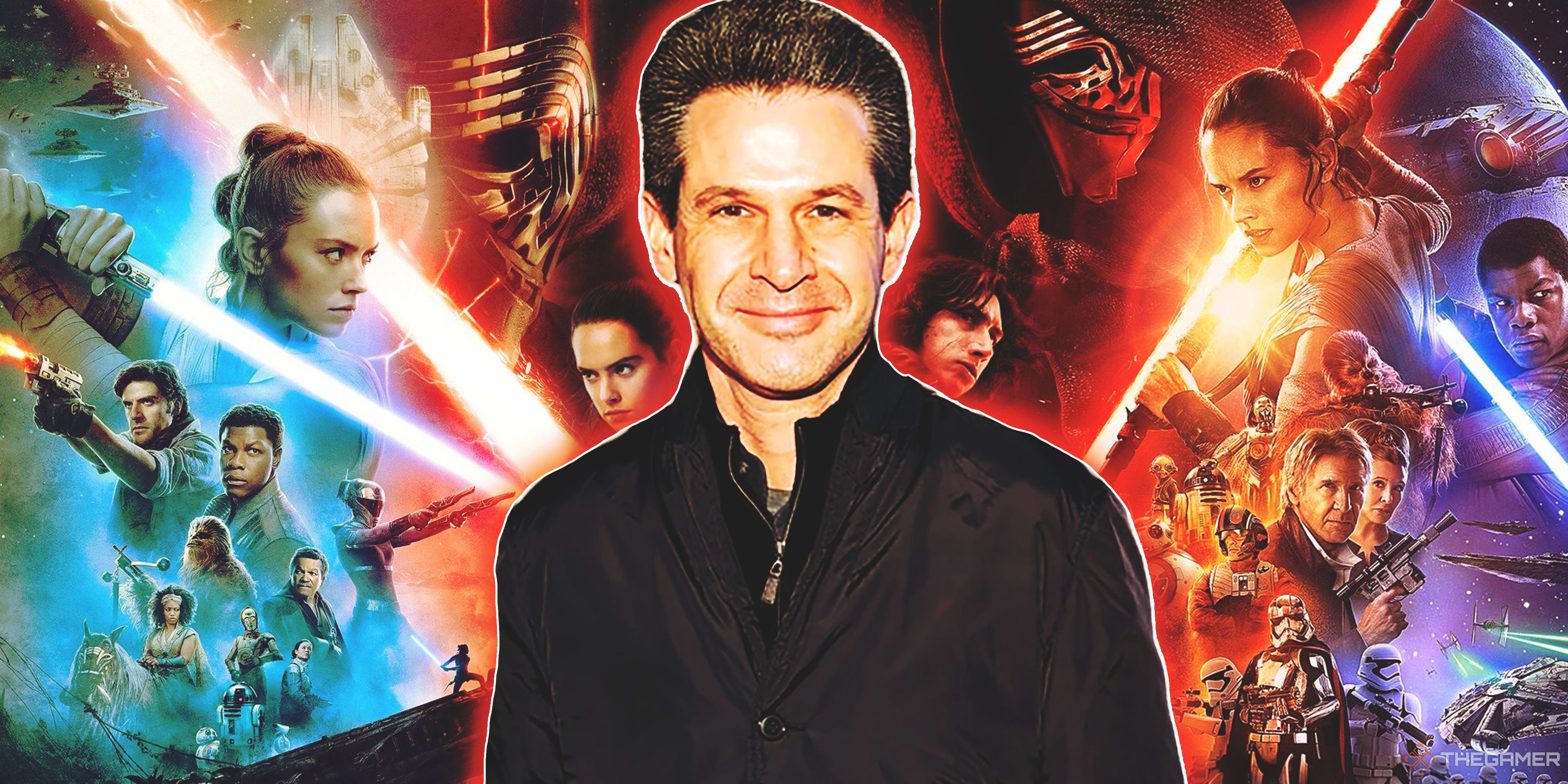 Simon Kinberg surrounded by key art from the Star Wars sequel trilogy