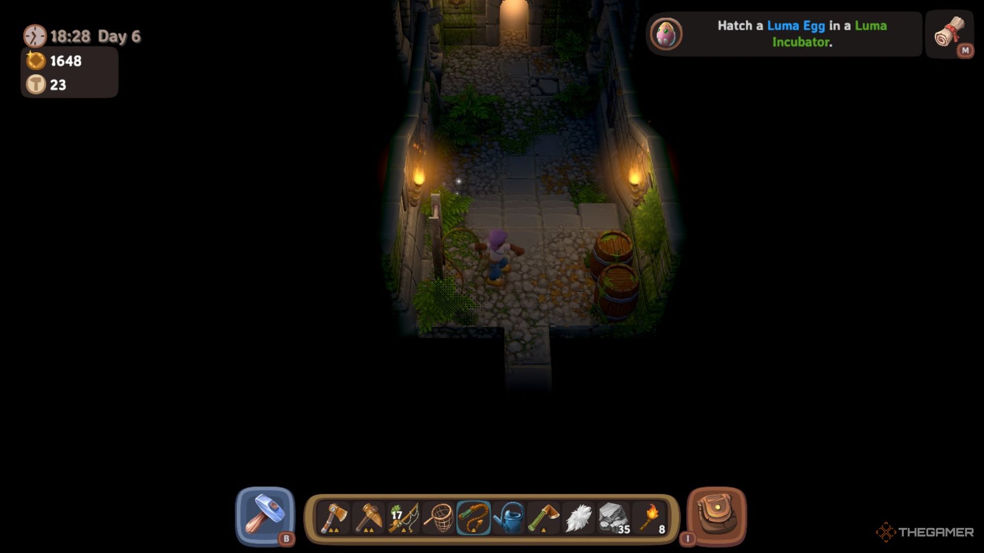 Player character using a Copper Whip to break barrels in the Ancient Farm Temple in Luma Island.