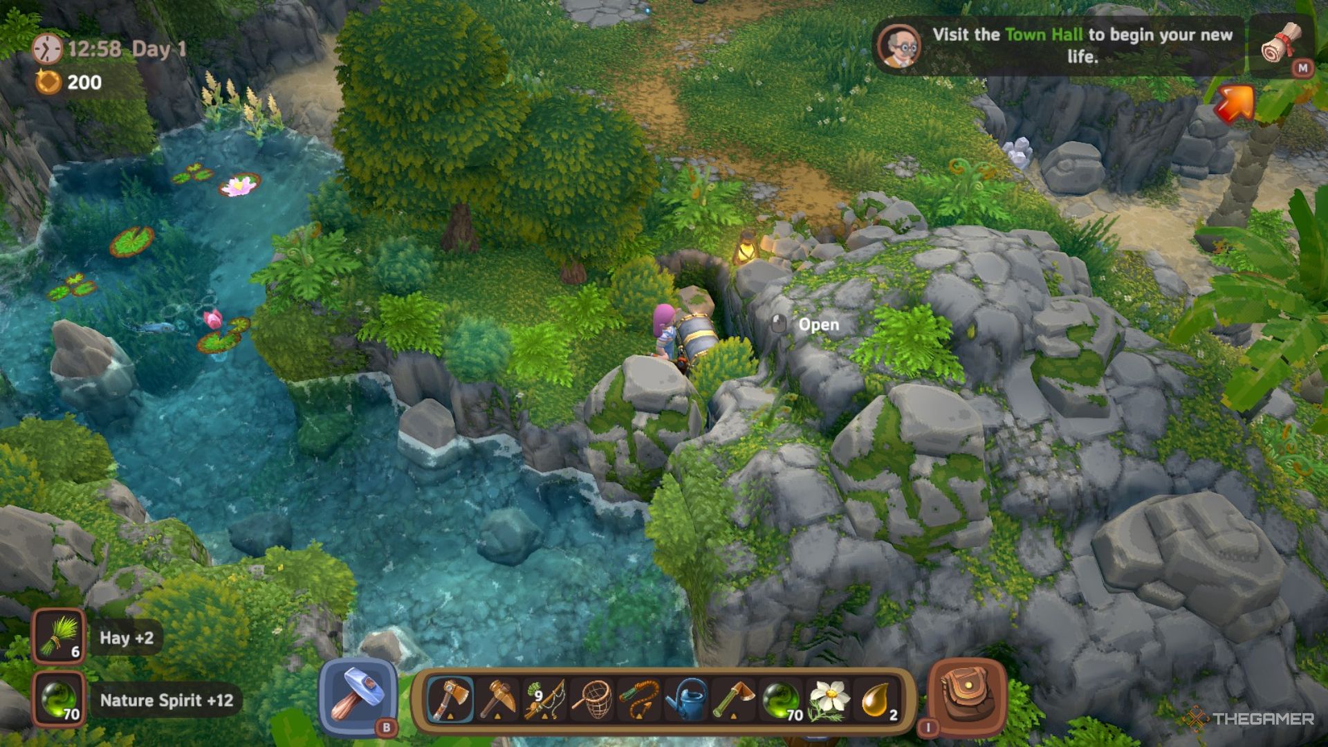 Player character standing by a treasure chest hidden behind some trees in Luma Island.