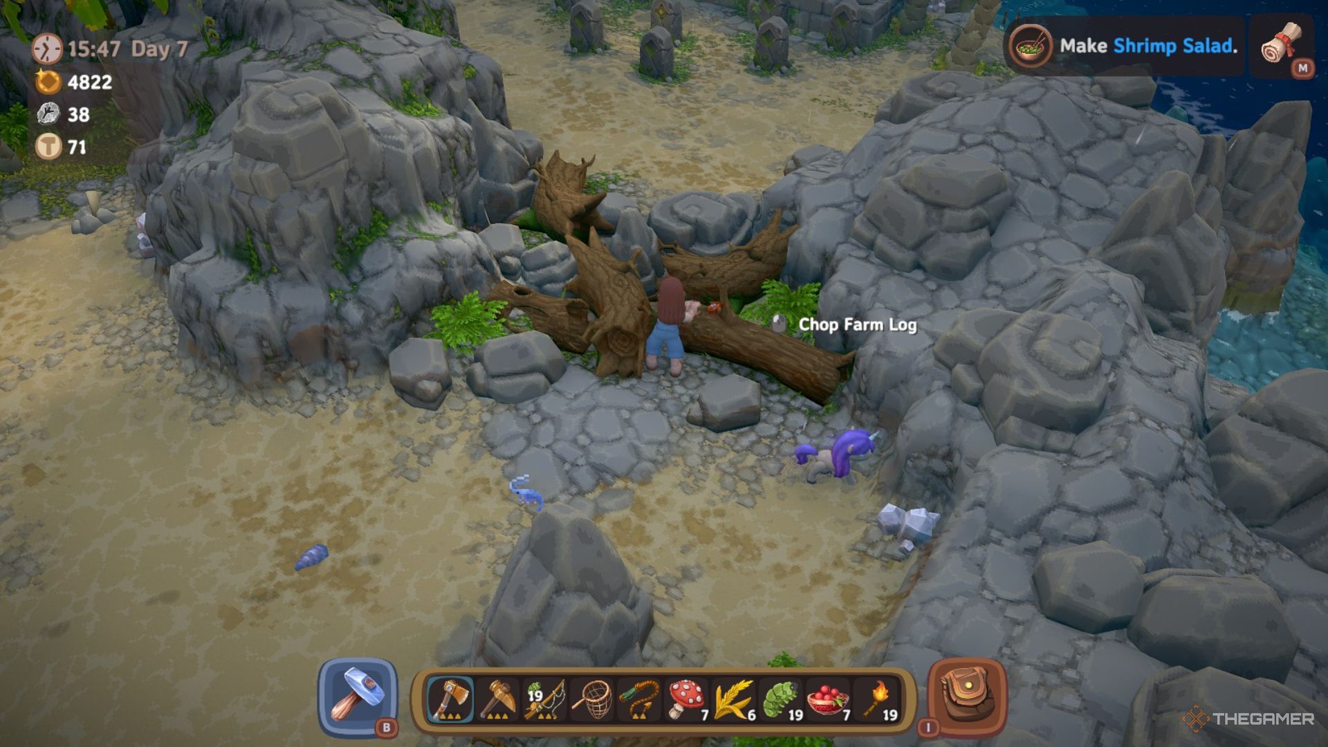 Player character breaking logs blocking off the entrance to the farm shrine in Luma Island.