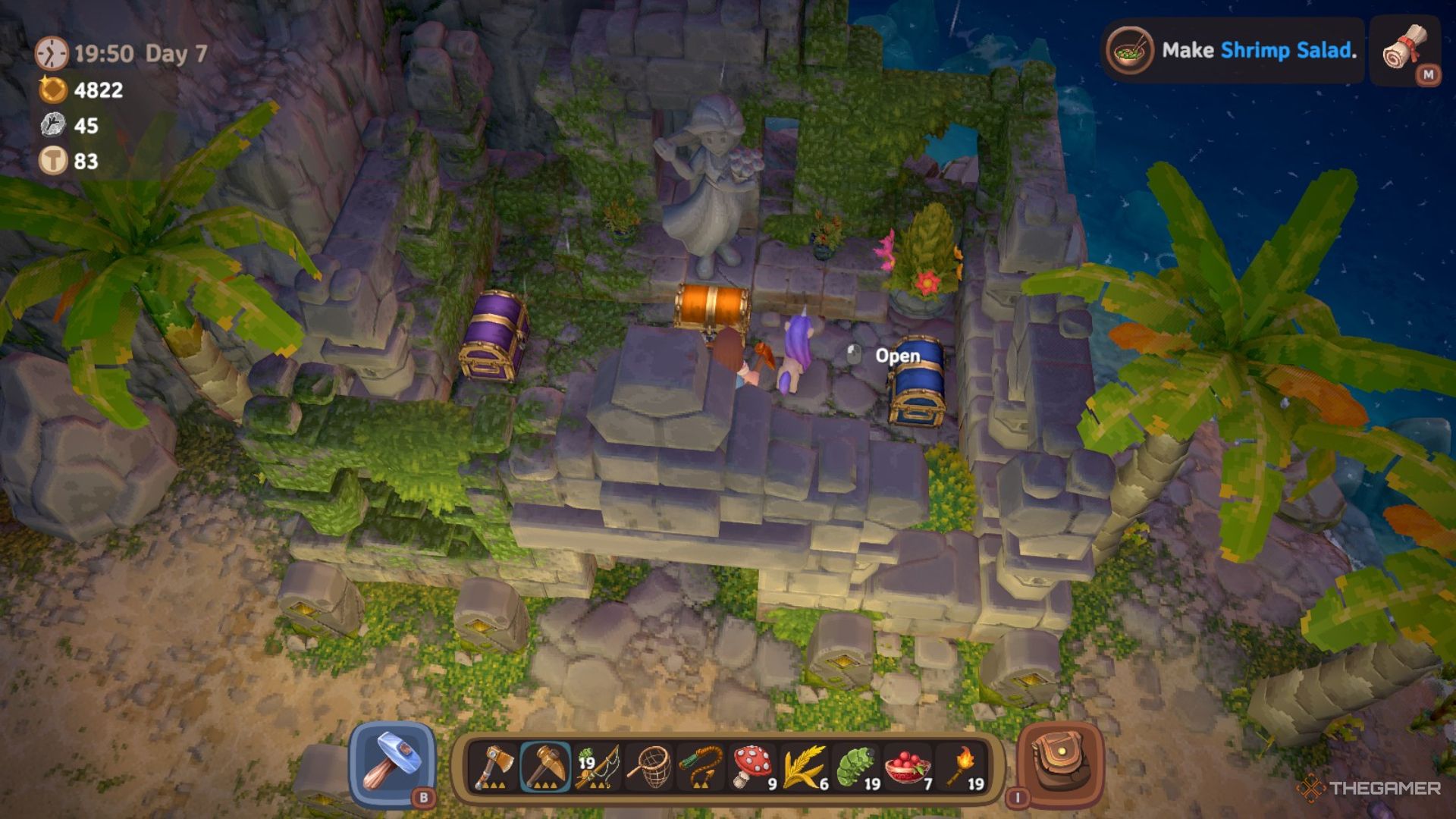 Player character standing inside a shrine filled with three different colored chests in Luma Island.