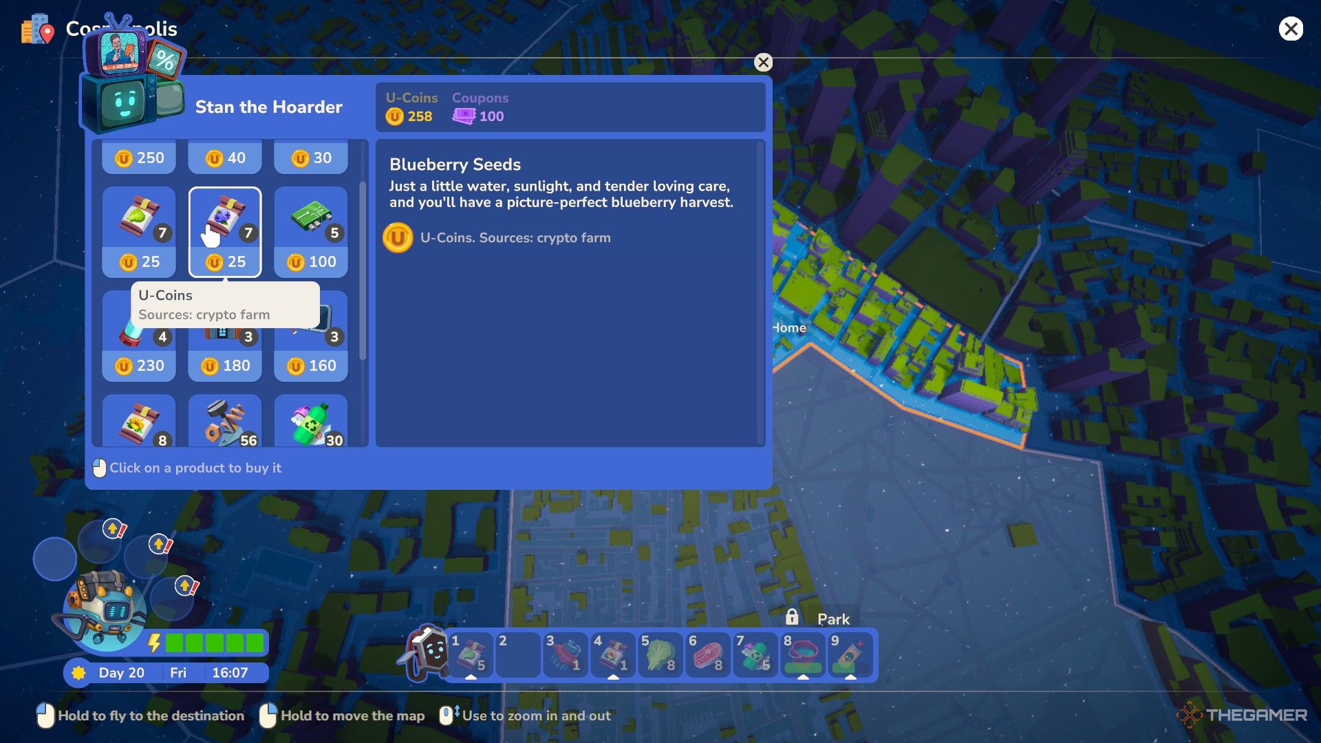 The player is buying blueberry seeds from Stan&rsquo;s shop in I Am Future.