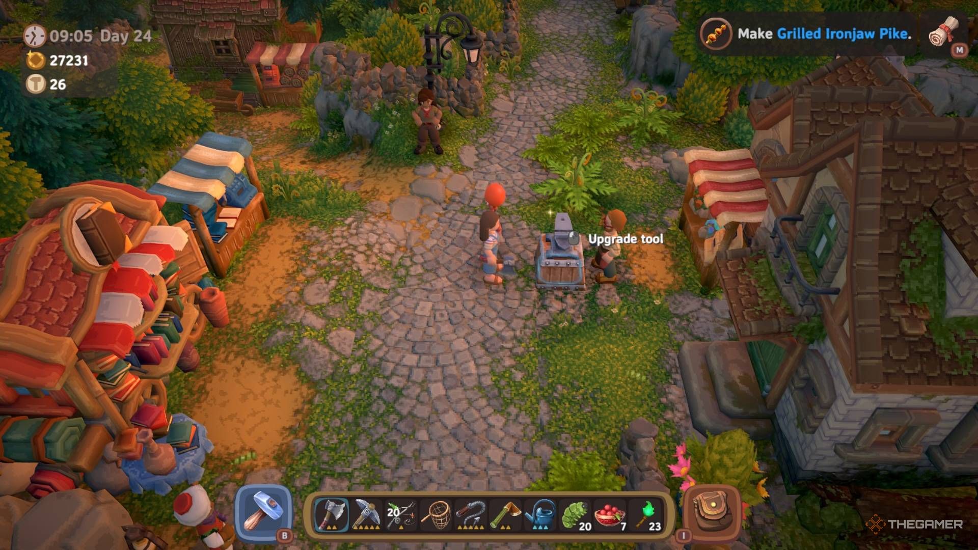 Player character standing next to Sylvia&rsquo;s Anvil in town in Luma Island.