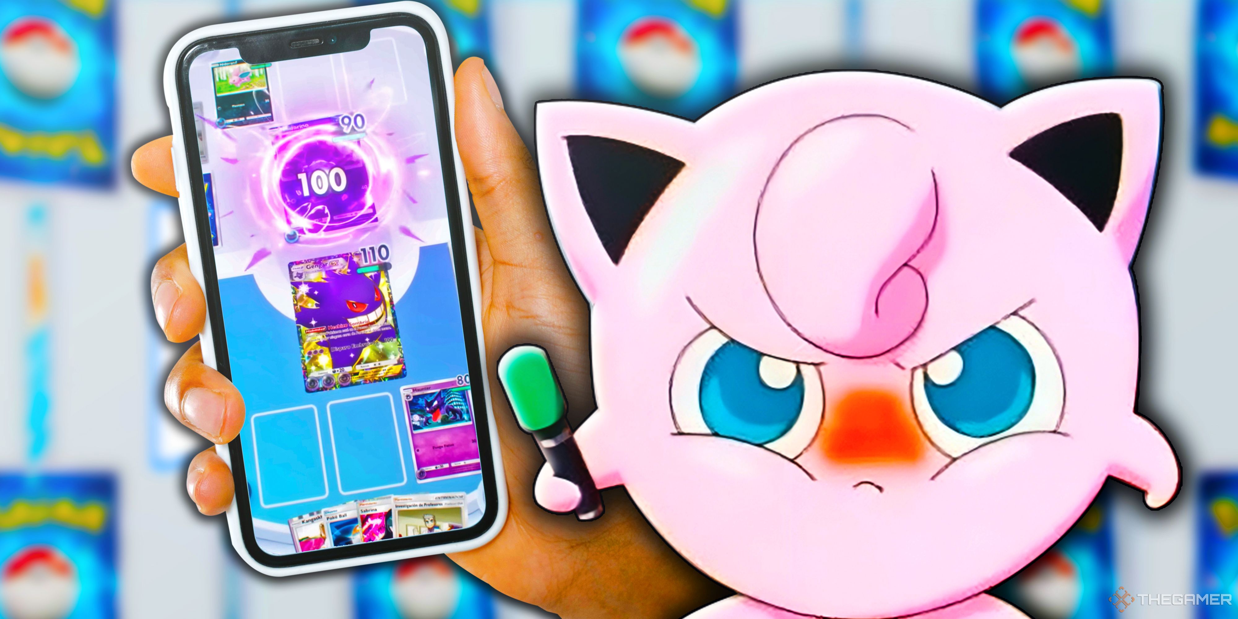 A very angry Jigglypuff holding out a phone with Pokemon TCG Pocket on it.