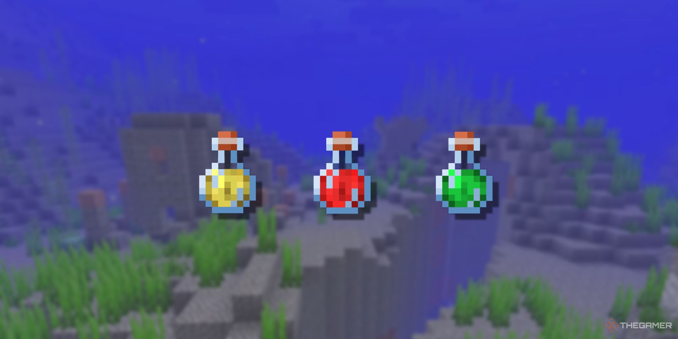 A blurry image of underwater in Minecraft with PNGs of red, yellow, and green potions.