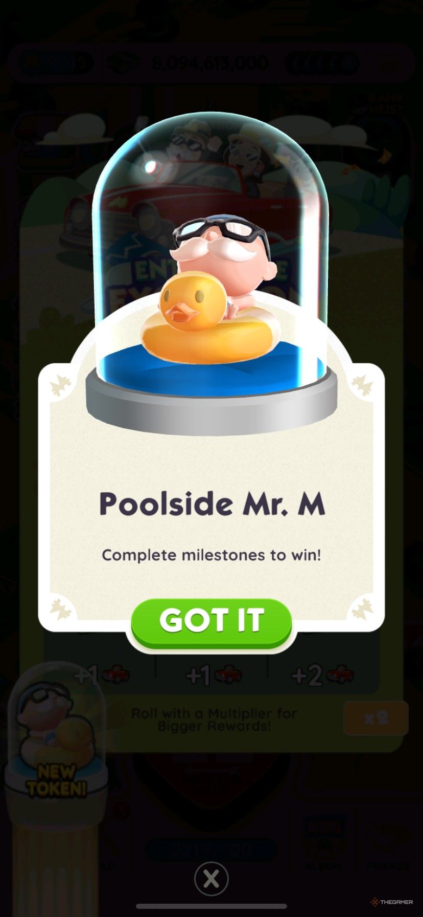 نگاهی دقیق تر به توکن Poolside Mr. M به عنوان جایزه در Entourage Excursion در Monopoly Go.