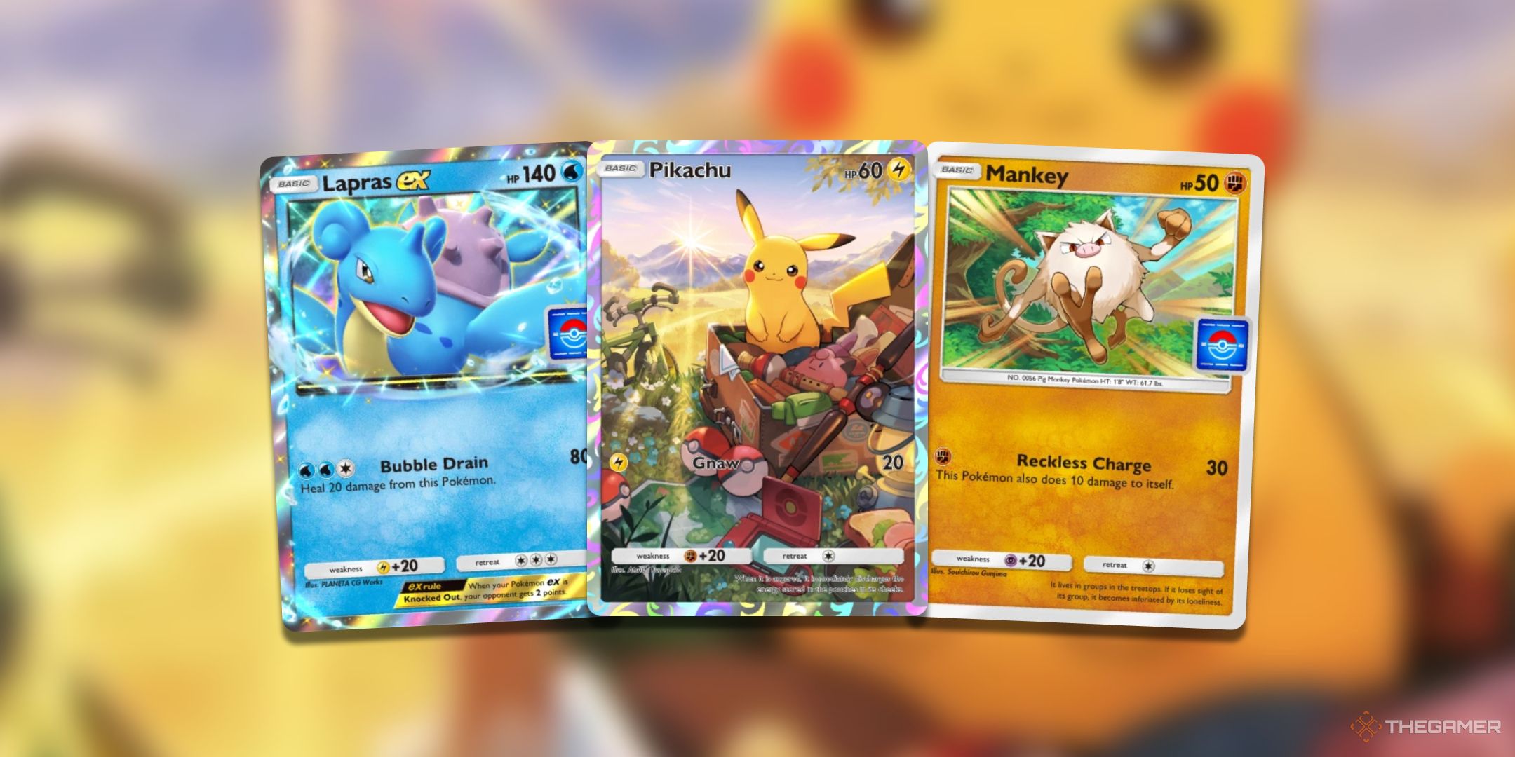 A collage of Promo cards from Pokemon TCG Pocket featuring Lapras, Pikachu and Mankey. 