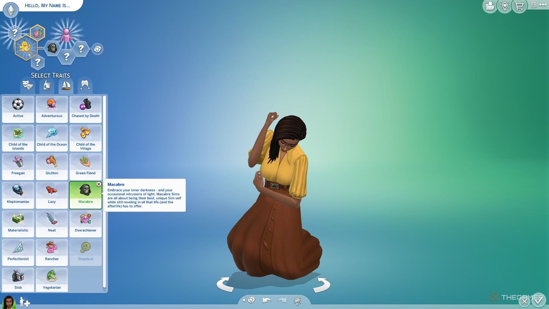 A female Sim collapsing dramatically with the macabre trait in The Sims 4 Life and Death.