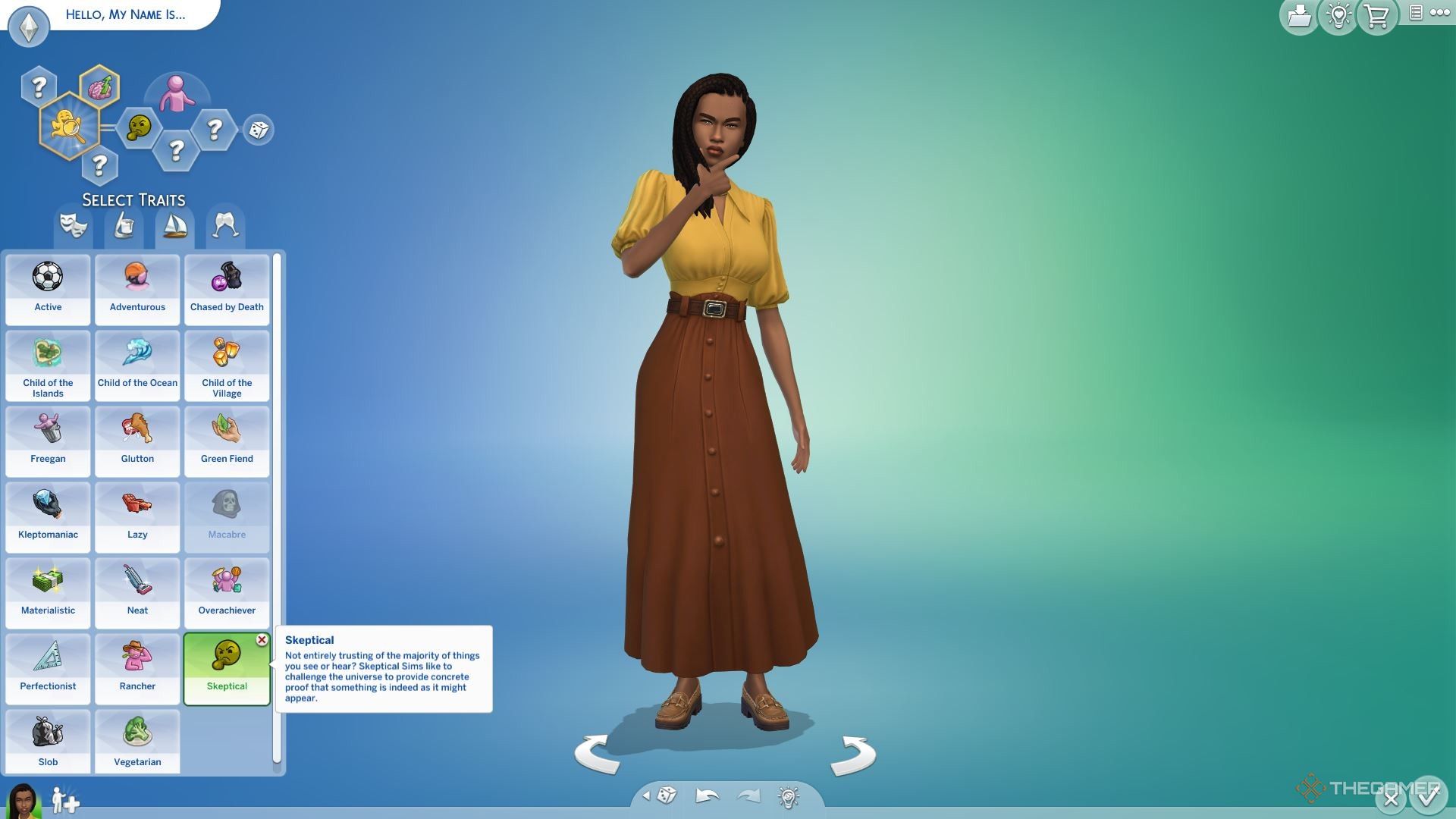 A female Sim with the Skeptical trait in The Sims 4 Life and Death.