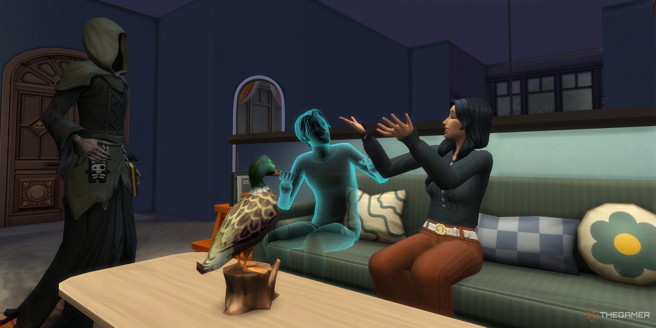 A human Sim and a ghost Sim talking to the Grim Reaper for the Soul's Journey guide for The Sims 4 Life and Death.