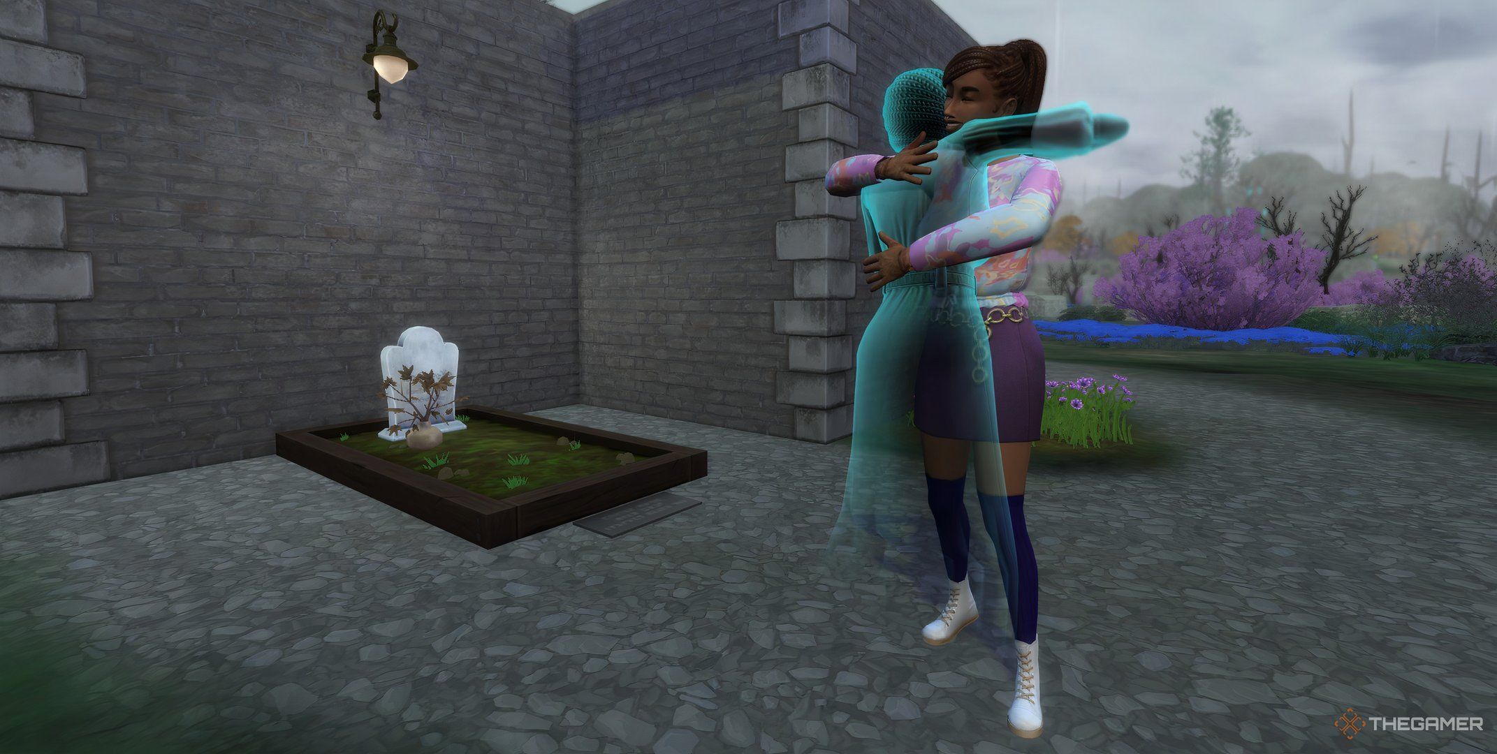 A living Sim hugging a ghost Sim near a grave in The Sims 4 Life and Death.