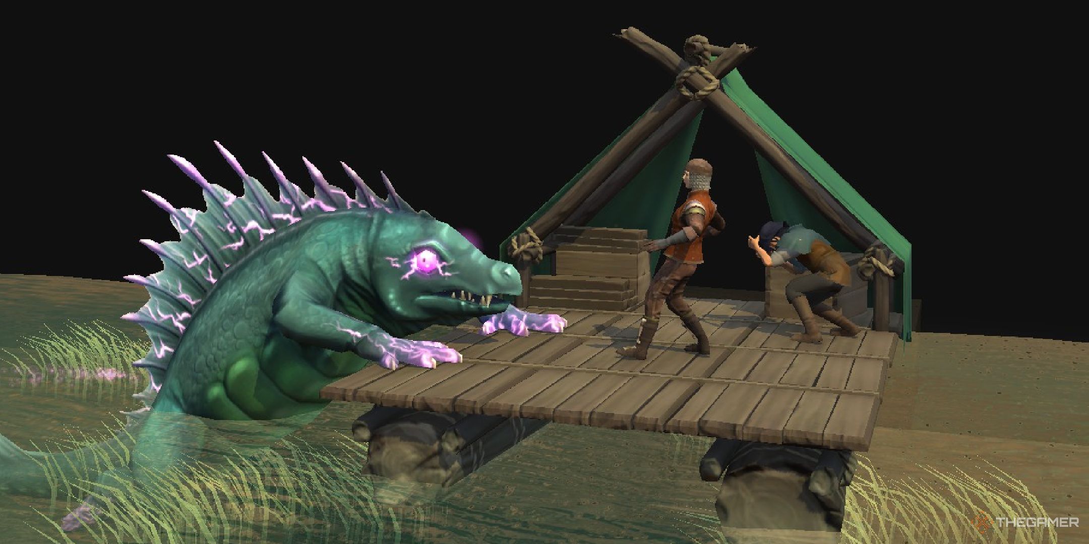 A player fighting a giant newt.
