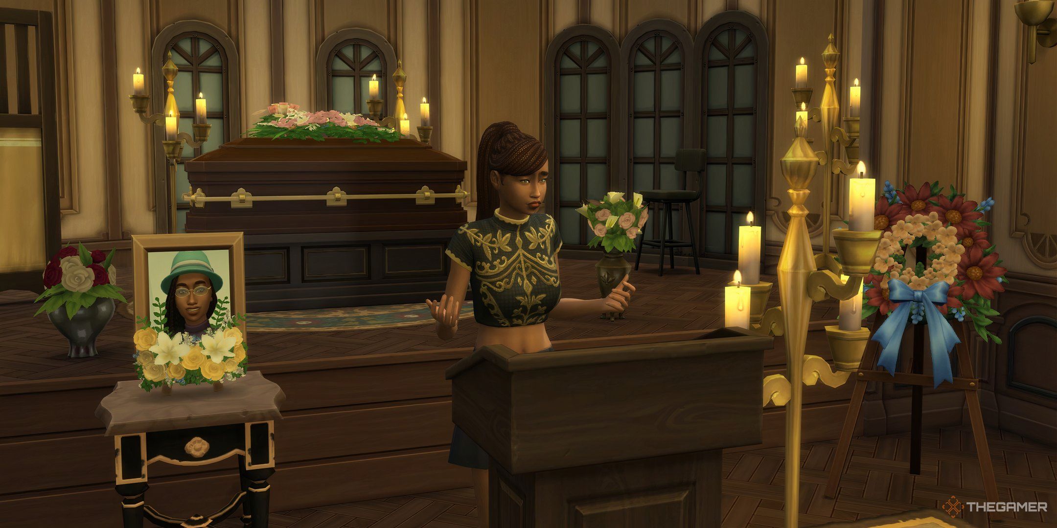 A Sim conducting a funeral in The Sims 4 Life and Death.