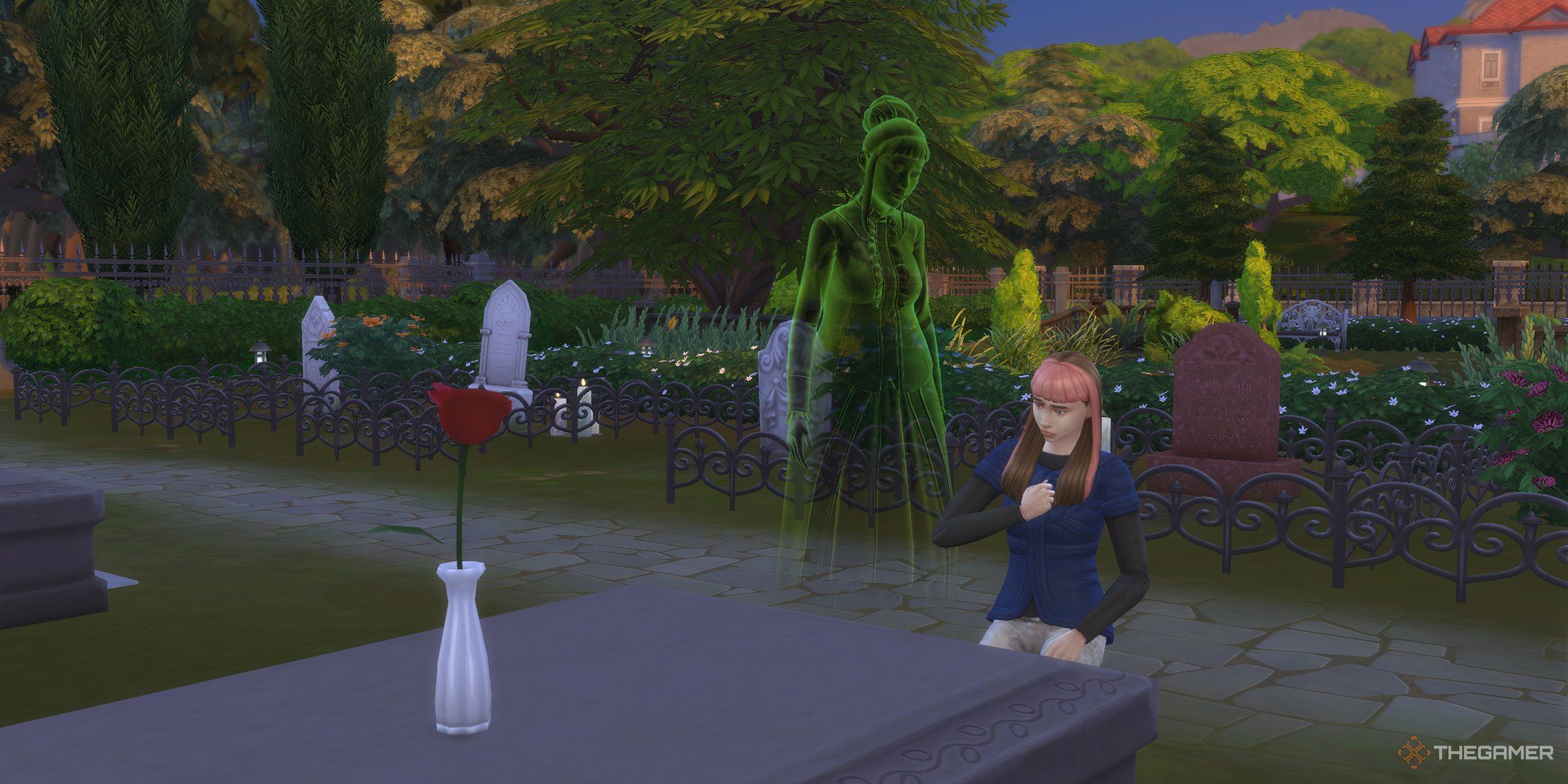 A Sim looking at the Sim she'll be reborn into who's tending a grave in The Sims 4 Life and Death.