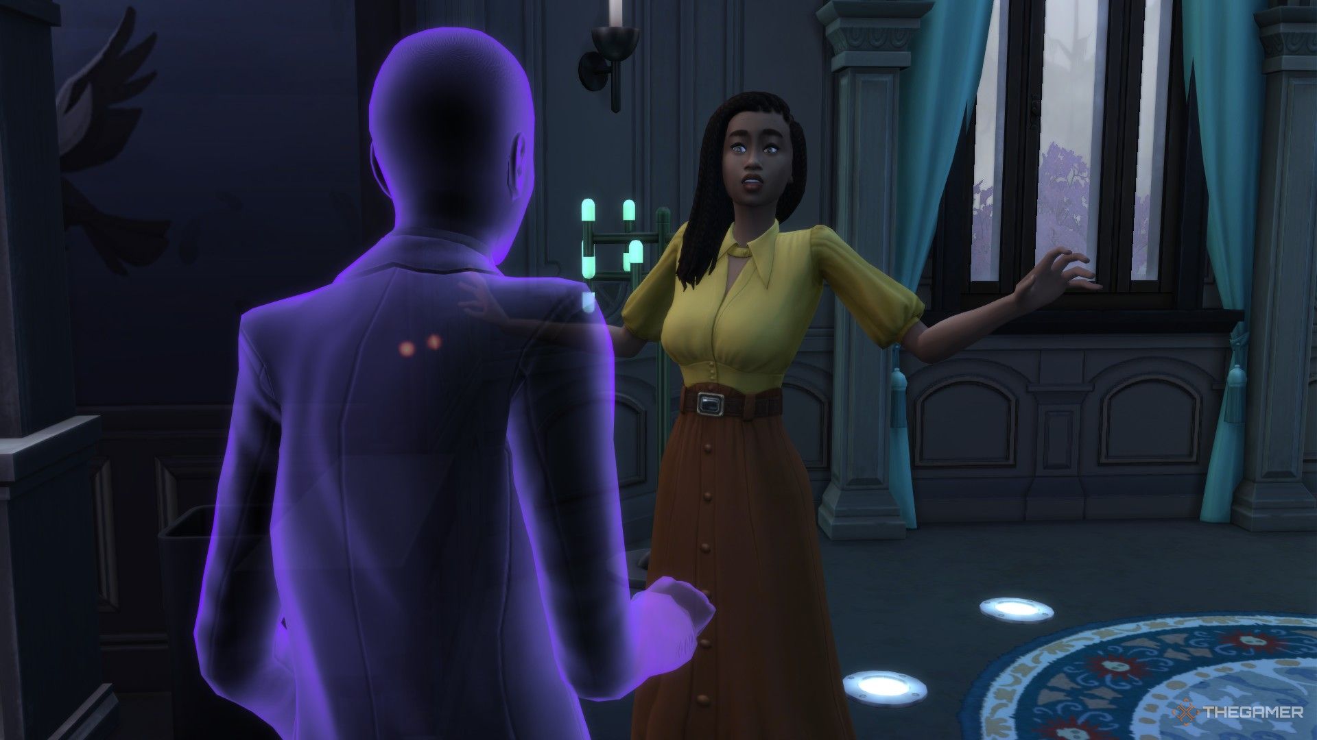 A Sim talking to a ghost in The Sims 4 Life and Death.