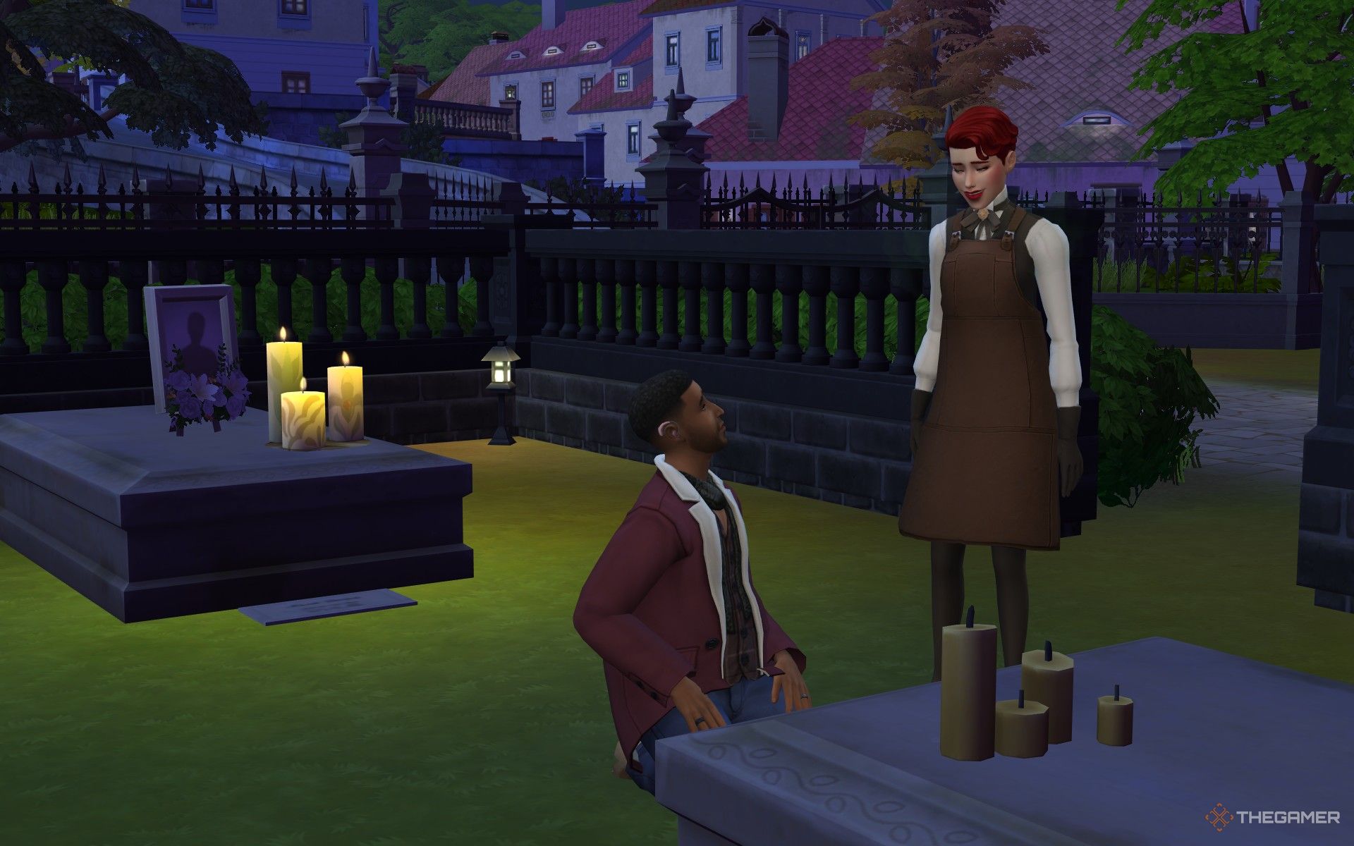 یک سیم کارت در حال صحبت با Ekade Aesther در گورستان در The Sims 4 Life and Death.-1