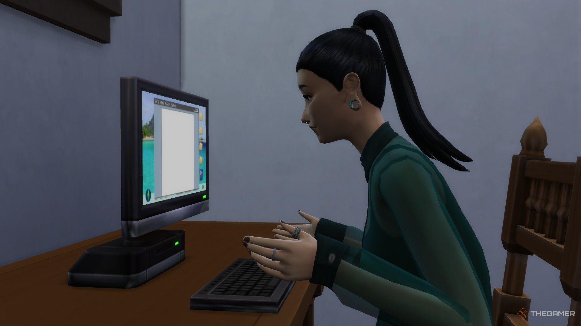 A Sim trying to write a bucket list for her Soul's Journey in The Sims 4 Life and Death.