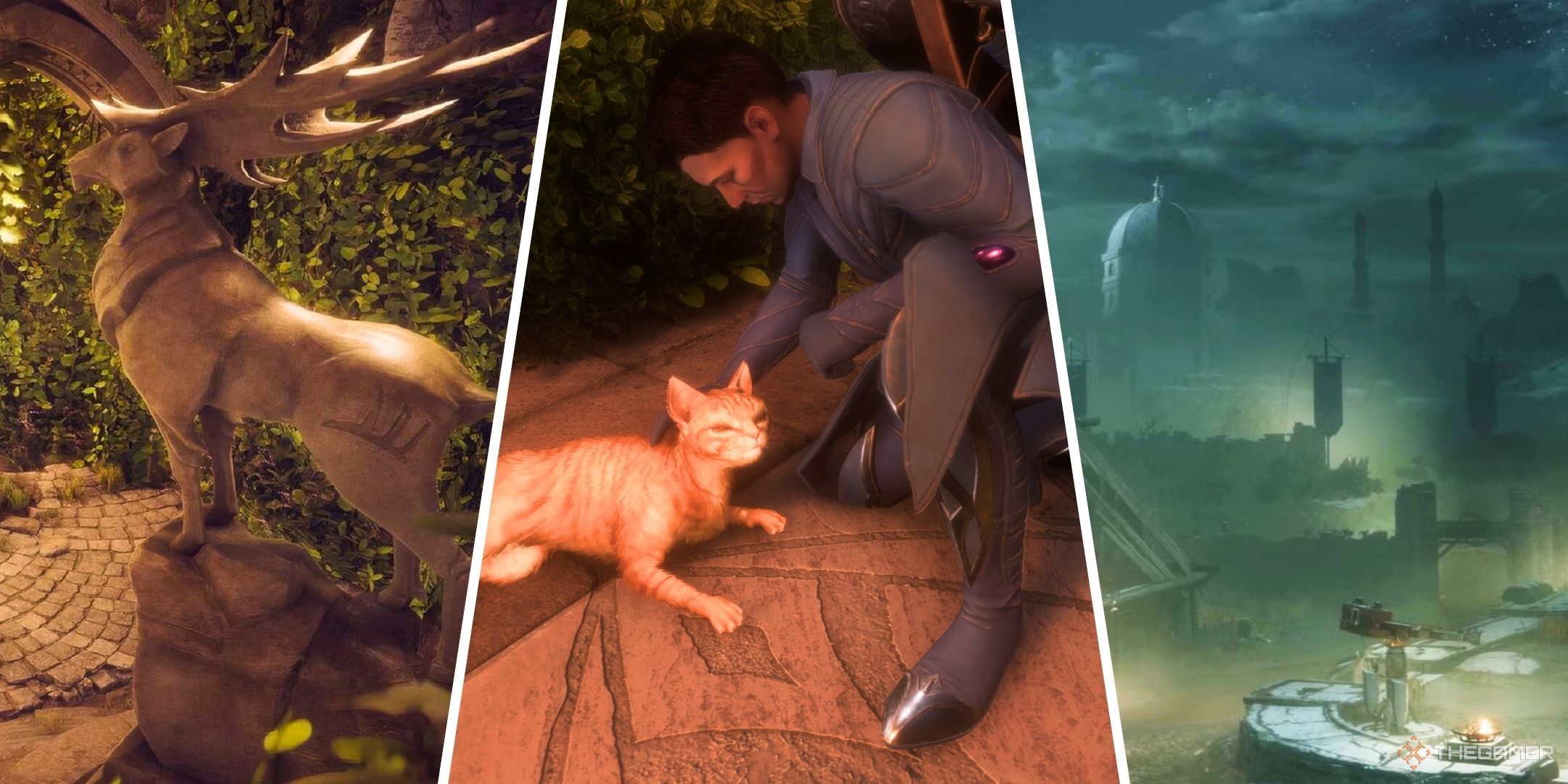 A split image of a halla statue in Arlathan Forest, Rook petting a cat in Treviso, and a view of the Hossberg Wetlands in Dragon Age: The Veilguard.