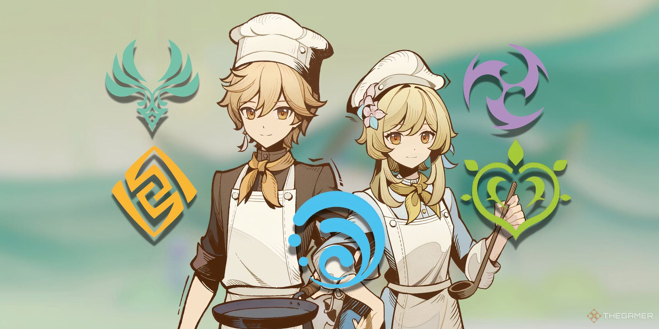 Aether and Lumine, the Travelers from Genshin Impact, wearing kitchen uniforms while surrounded by various elemental symbols.