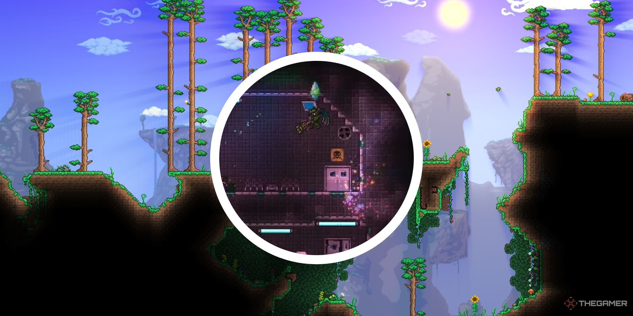 An image of the Light and Shadowd terraria mod with a circle PNG of a player in a modded lab.