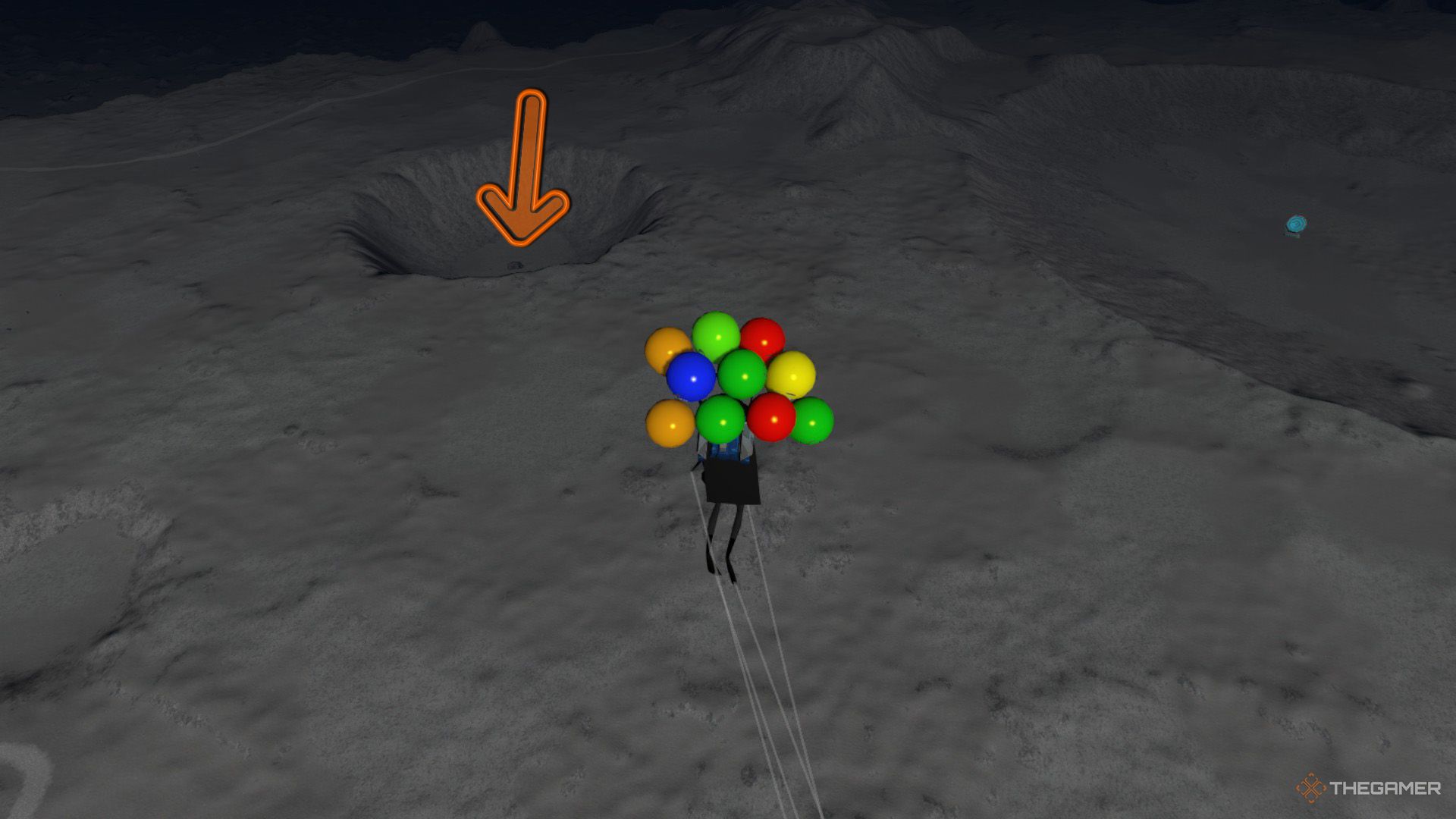 An orange arrow points the location of a small crater on the Moon in Amazing Frog