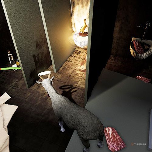 An orange arrow points the trophy that is inside the men&rsquo;s restroom in Goat Simulator Remastered