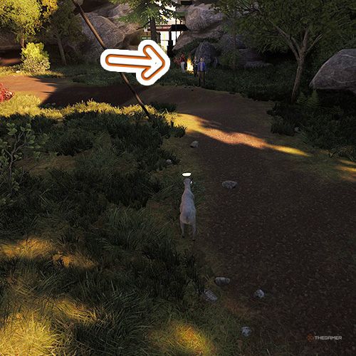 An orange arrow points the trophy that is surrounded by group of people in Goat Simulator Remastered