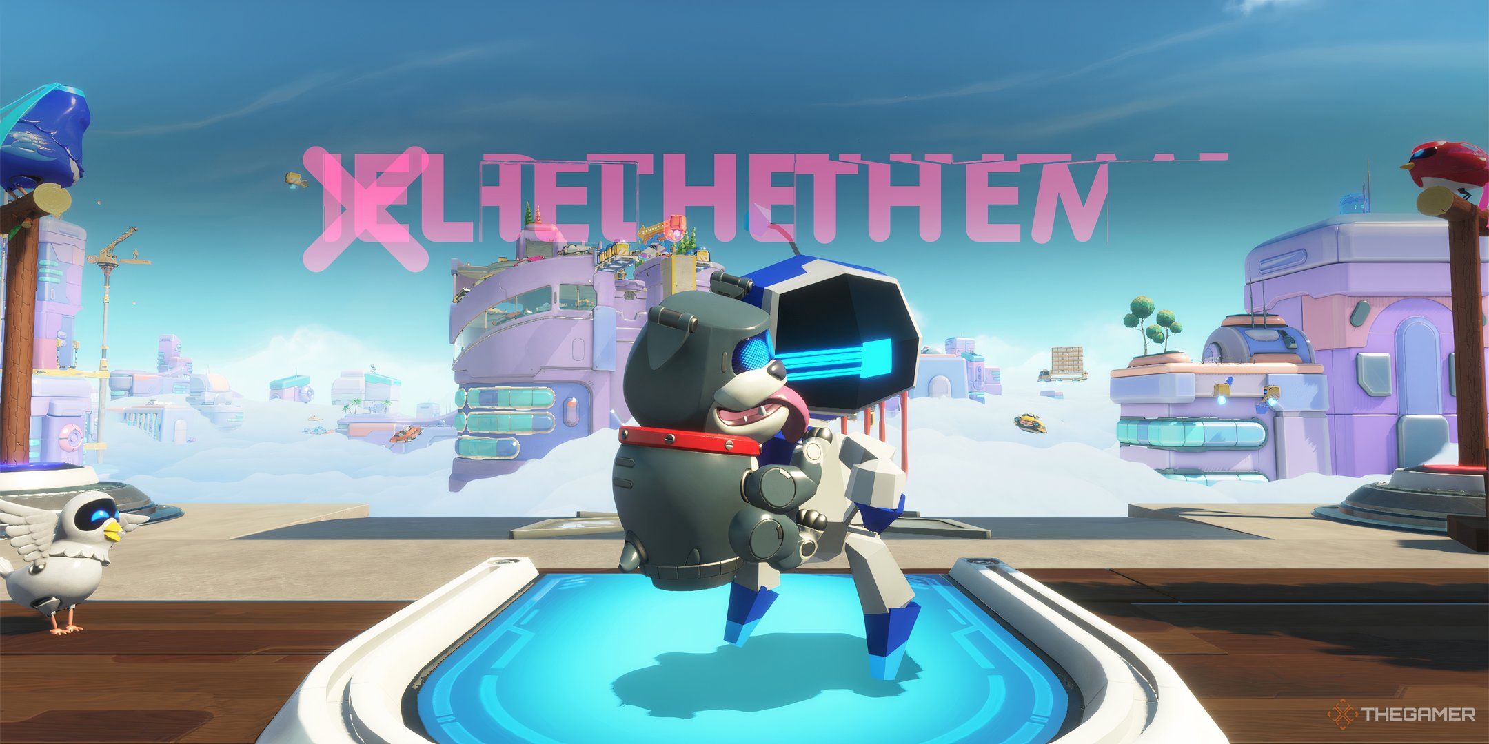 Astro Bot turning back and looking at the screen at the beginning of Building Speed while wearing the Bulldog Dash on his back.