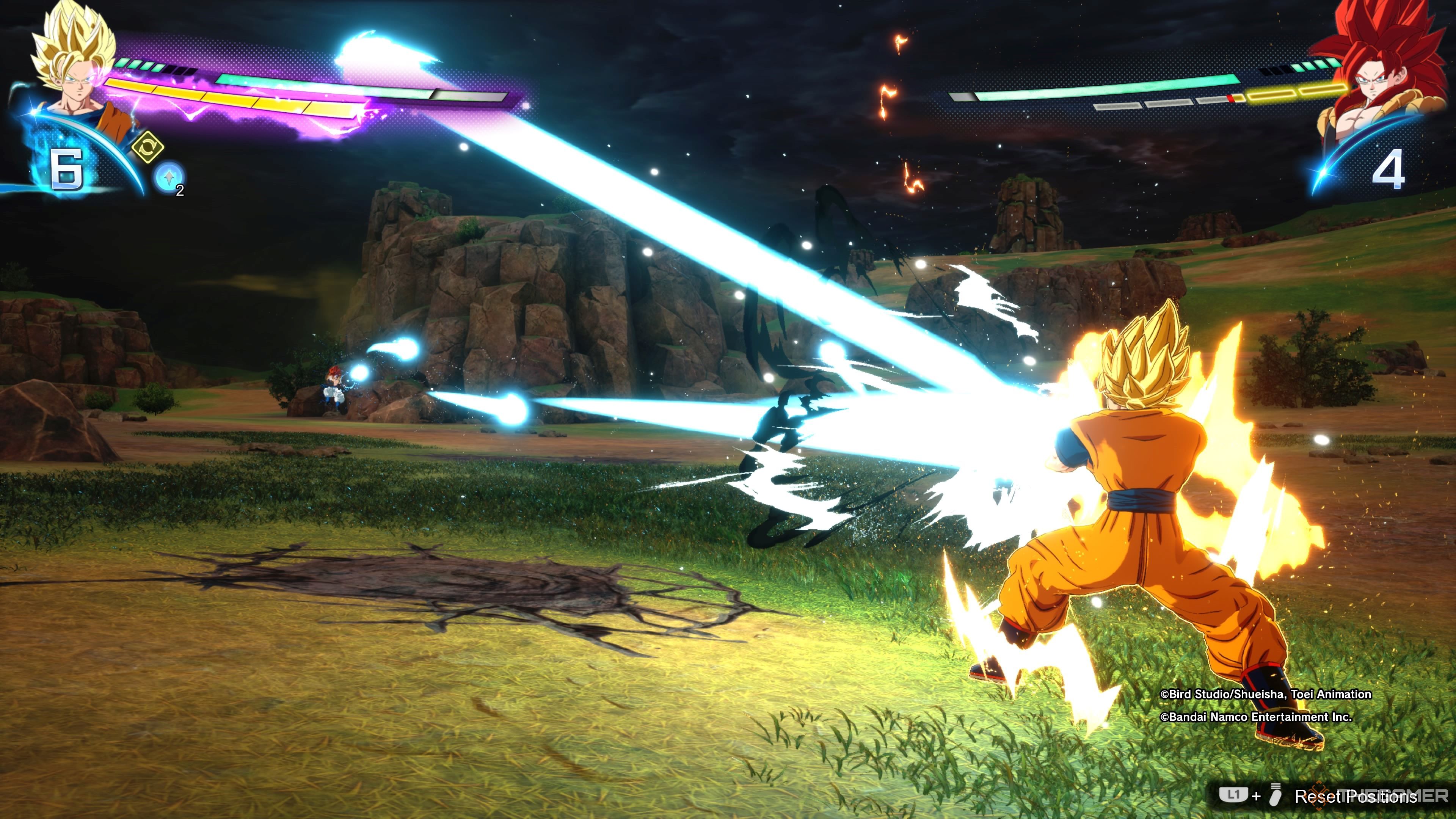 Gohan auto-reflects Gogeta&rsquo;s Ki Blasts during a training session in an open field in Dragon Ball: Sparking Zero. i
