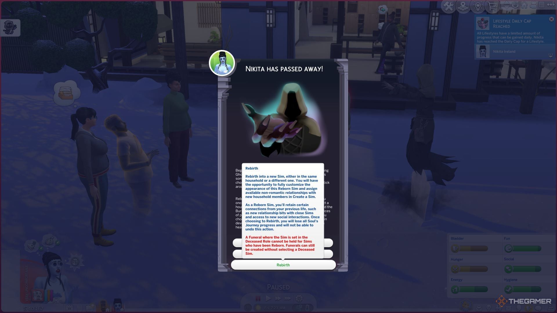 Being given the option for rebirth after finishing the Soul's Journey in The Sims 4 Life and Death.