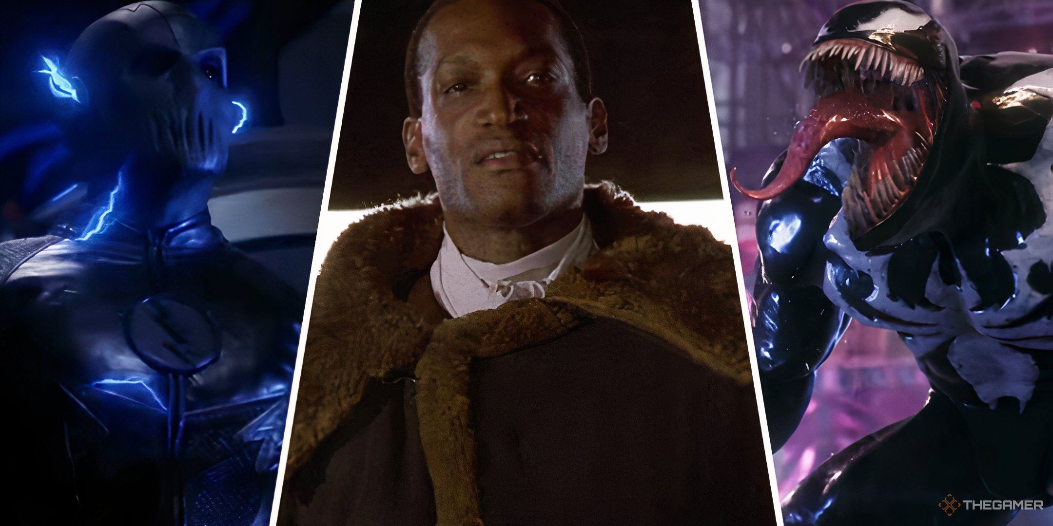 Best Characters Voiced By Tony Todd new Feature Image with the actor as Candyman in the center and Zoom from CW's The Flash and Marvel Spider-Man 2's Venom on the right and left side.