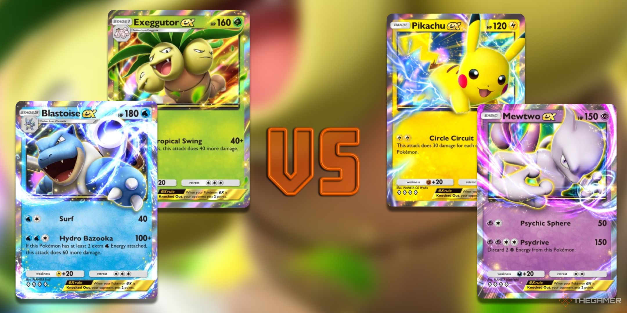 Blastoise ex and Exeggutor ex Vs Pikachu ex and Mewtwo ex from Pokemon TCG Pocket.